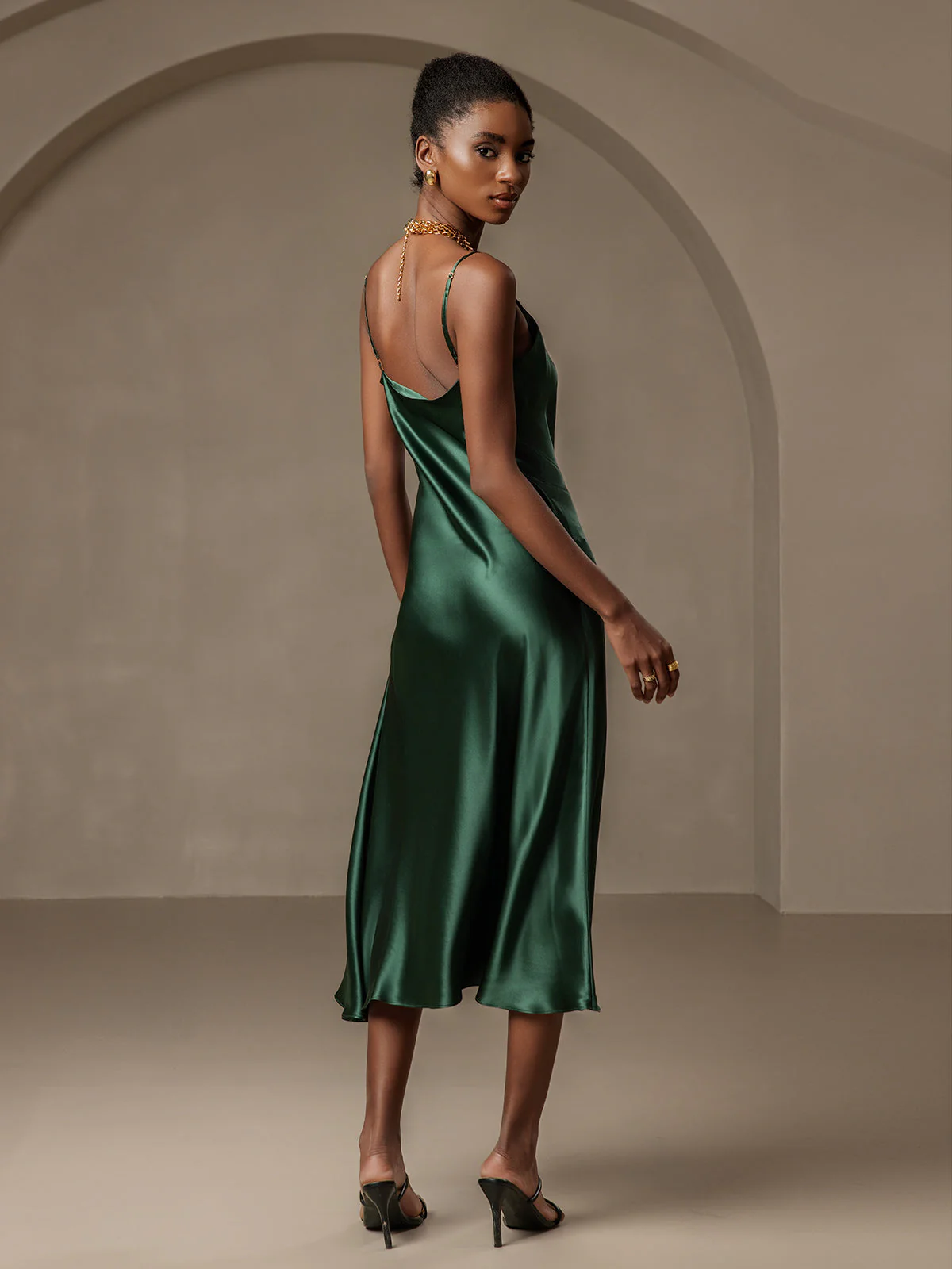 Pure Silk Spaghetti Strap Cowl Neck Bias Midi Dress with Split Design - Image 2