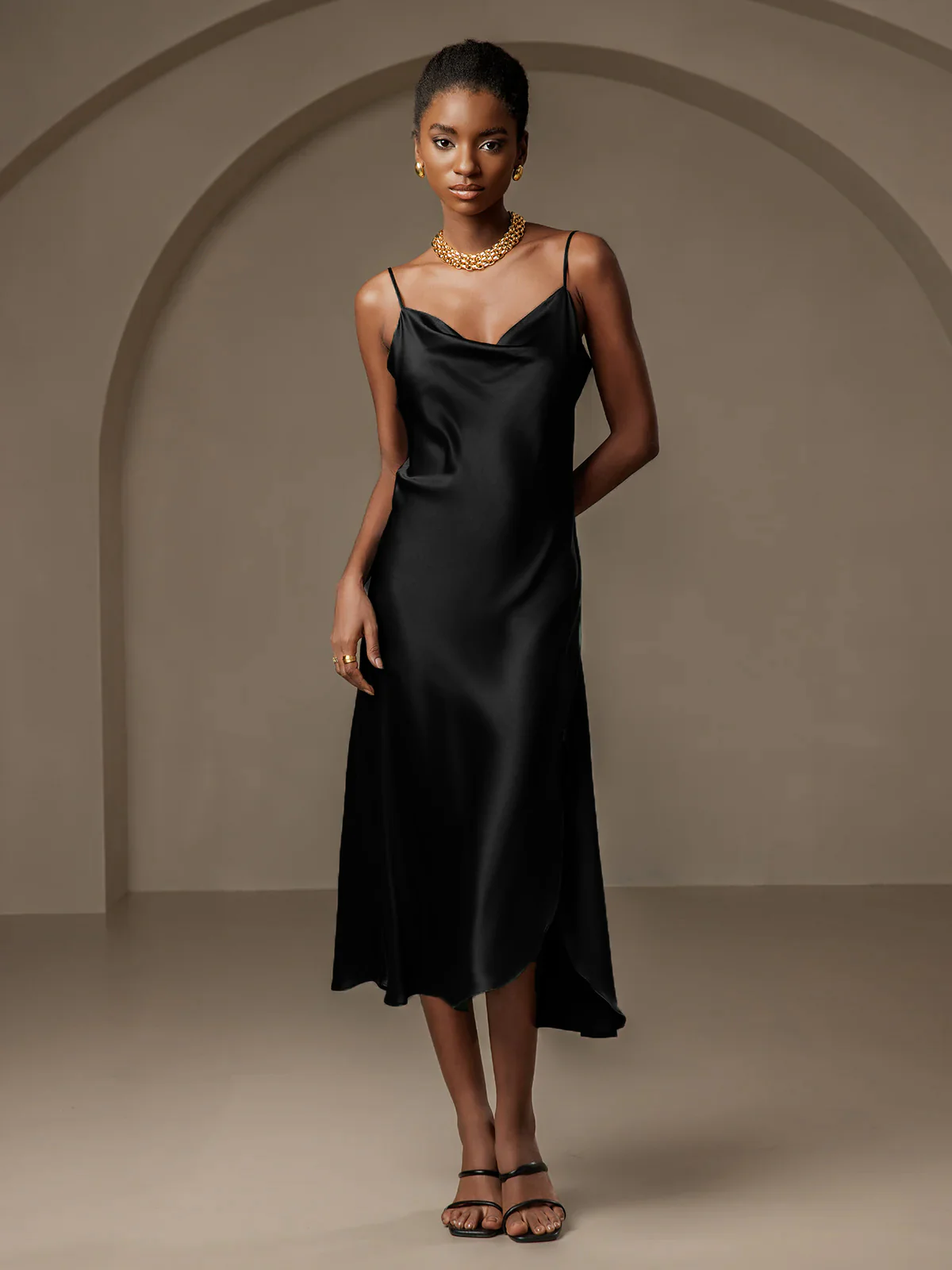 Pure Silk Spaghetti Strap Cowl Neck Bias Midi Dress with Split Design - Image 22
