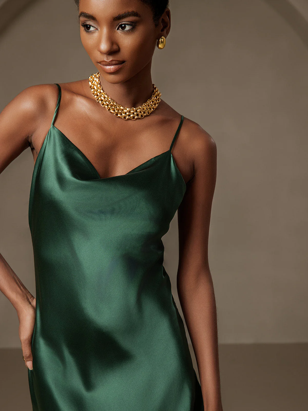 Pure Silk Spaghetti Strap Cowl Neck Bias Midi Dress with Split Design - Image 3