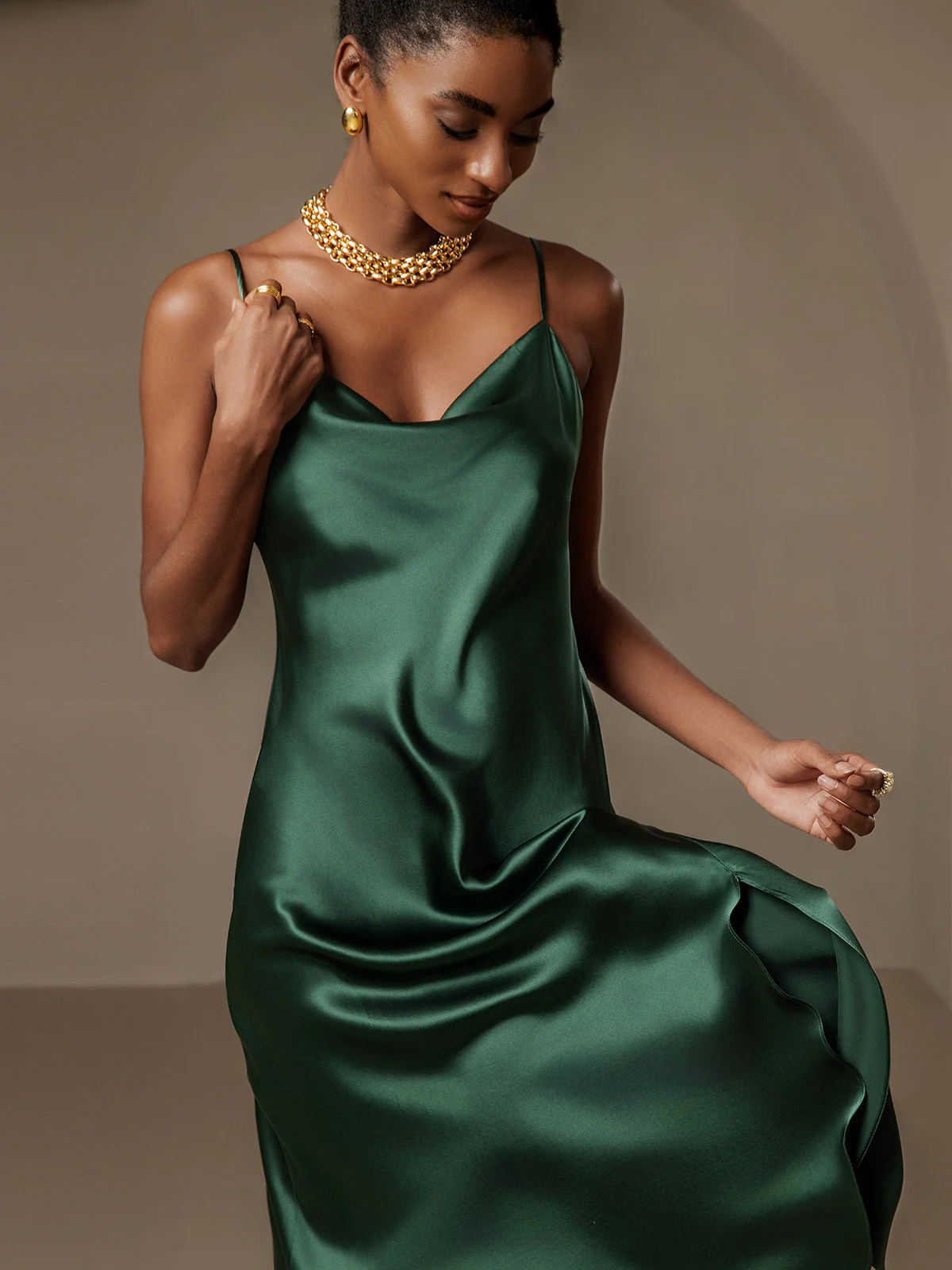 Pure Silk Spaghetti Strap Cowl Neck Bias Midi Dress with Split Design - Image 4