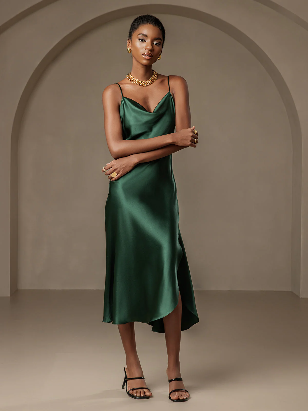 Pure Silk Spaghetti Strap Cowl Neck Bias Midi Dress with Split Design - Image 5