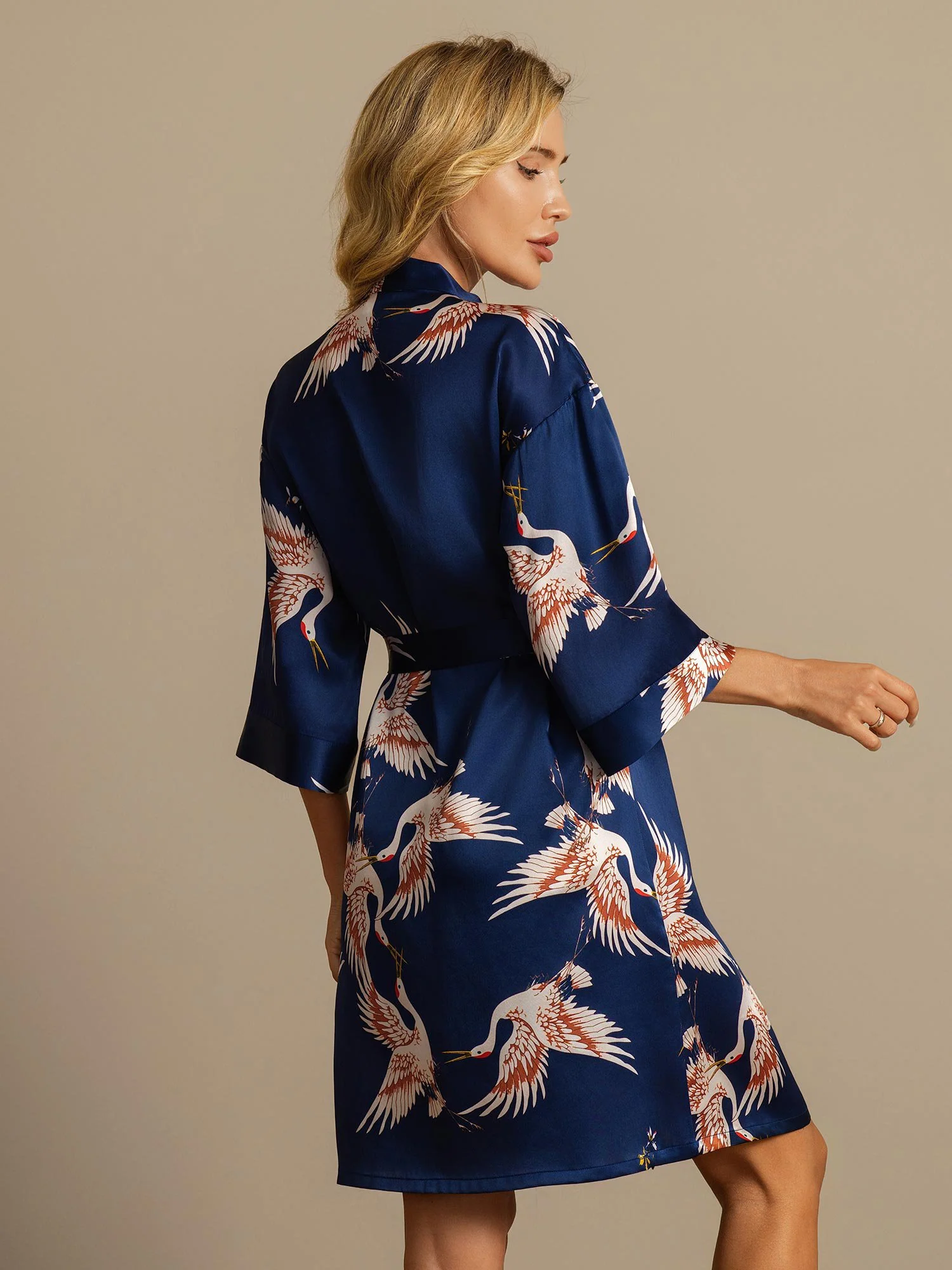 19Momme Pure Silk Crane Print Belted Wrap Women's Kimono Robe - Image 10