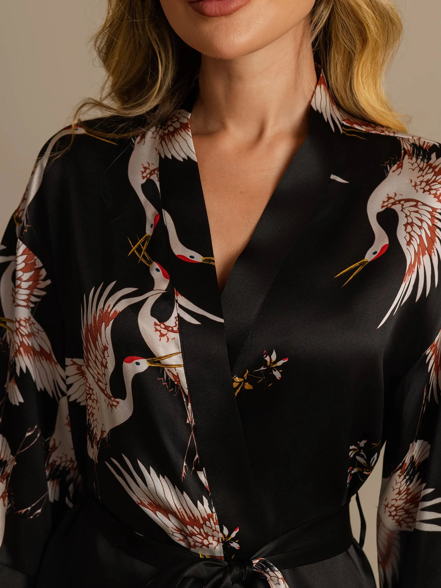 19Momme Pure Silk Crane Print Belted Wrap Women's Kimono Robe - Image 19