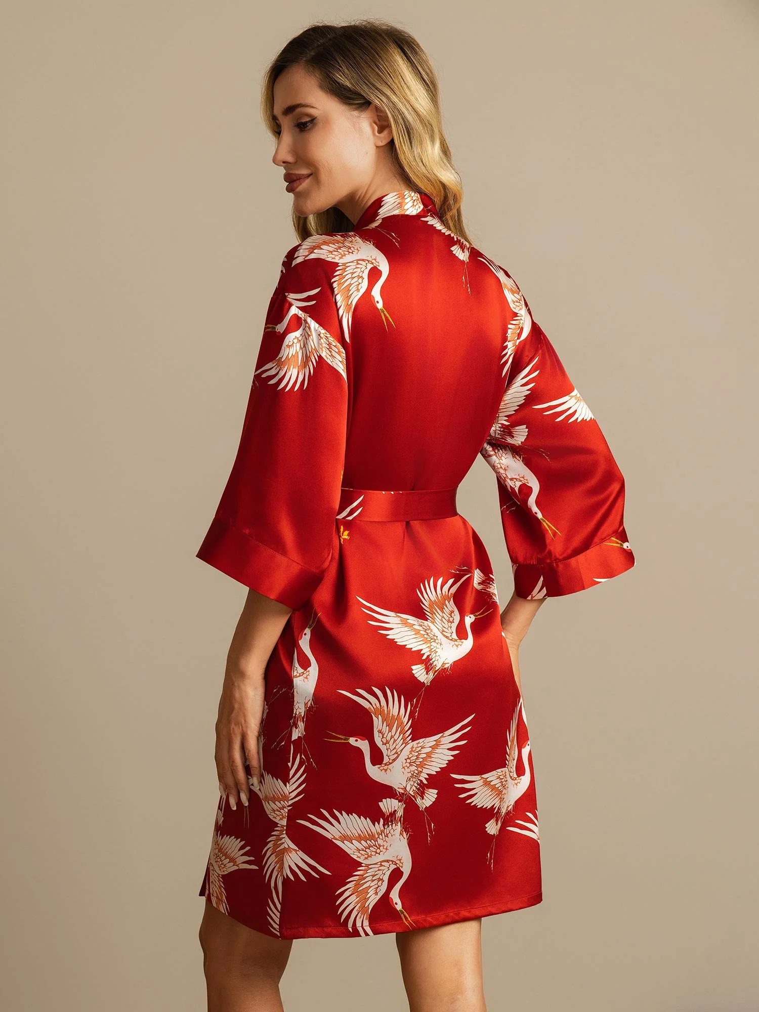 19Momme Pure Silk Crane Print Belted Wrap Women's Kimono Robe - Image 2