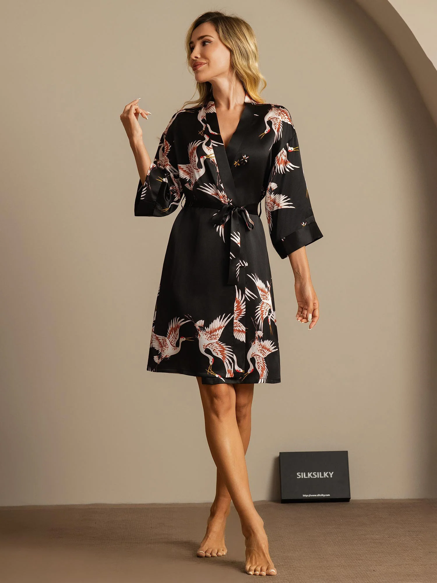 19Momme Pure Silk Crane Print Belted Wrap Women's Kimono Robe - Image 20