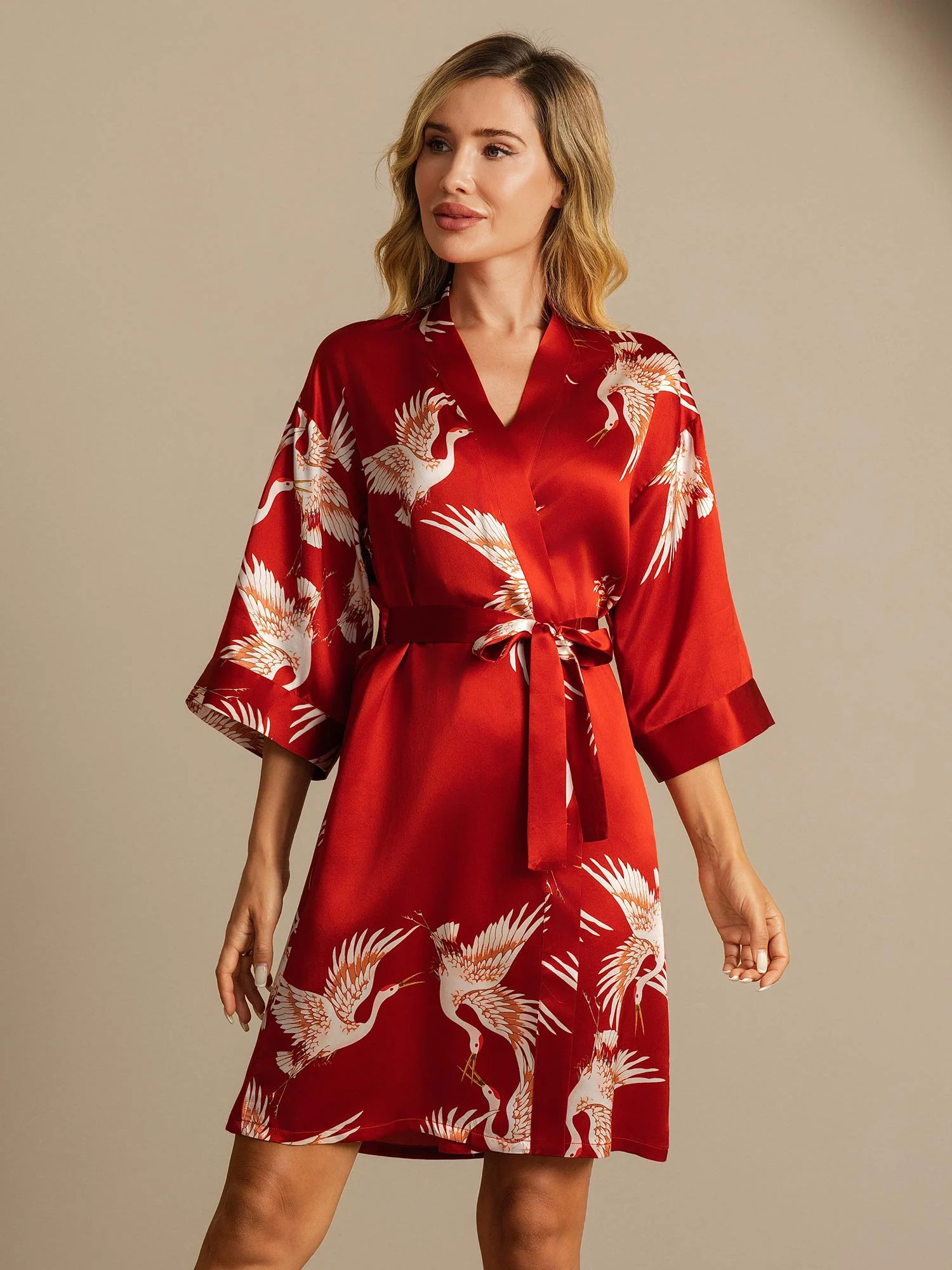 19Momme Pure Silk Crane Print Belted Wrap Women's Kimono Robe - Image 7