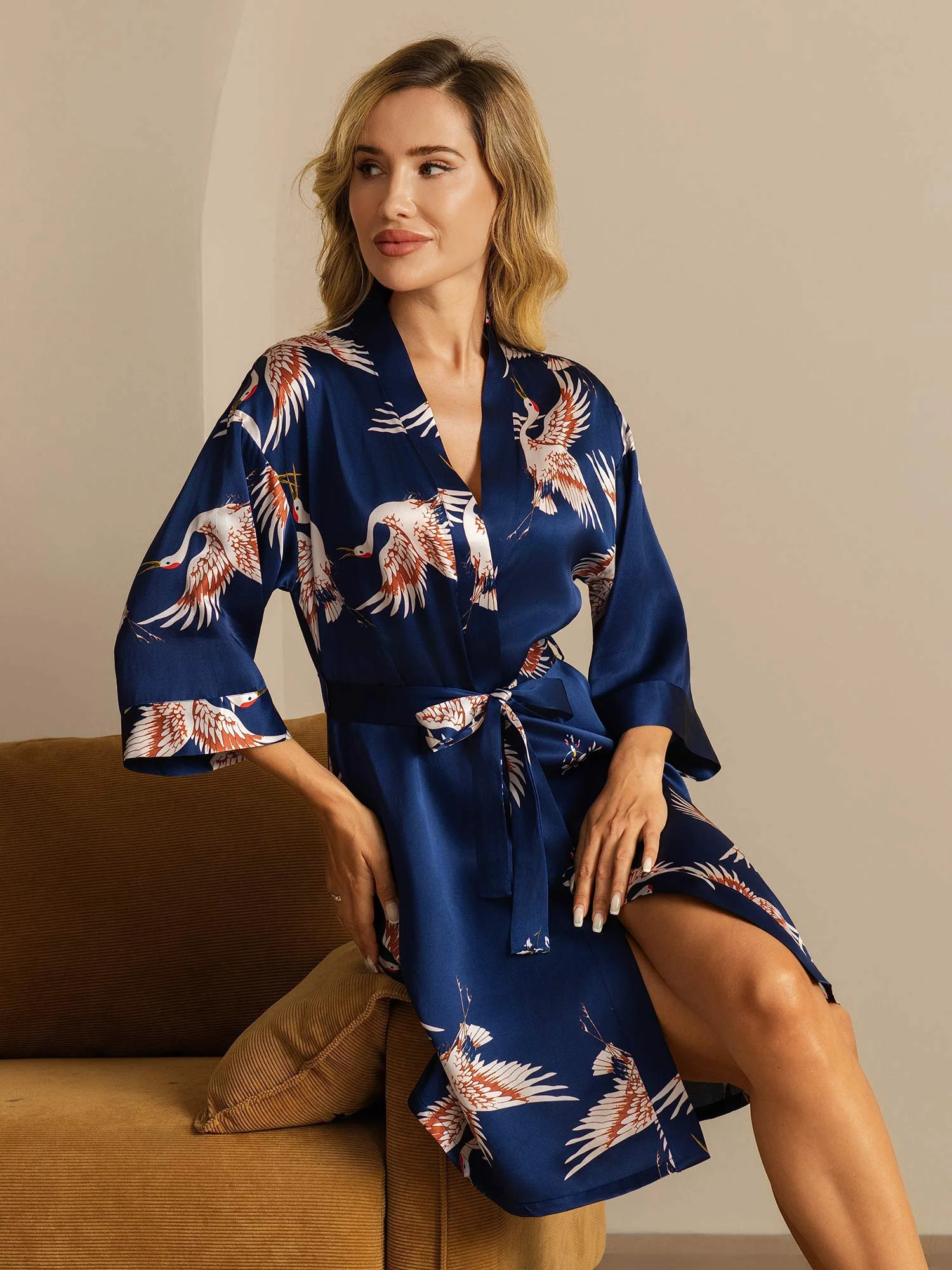 19Momme Pure Silk Crane Print Belted Wrap Women's Kimono Robe - Image 9