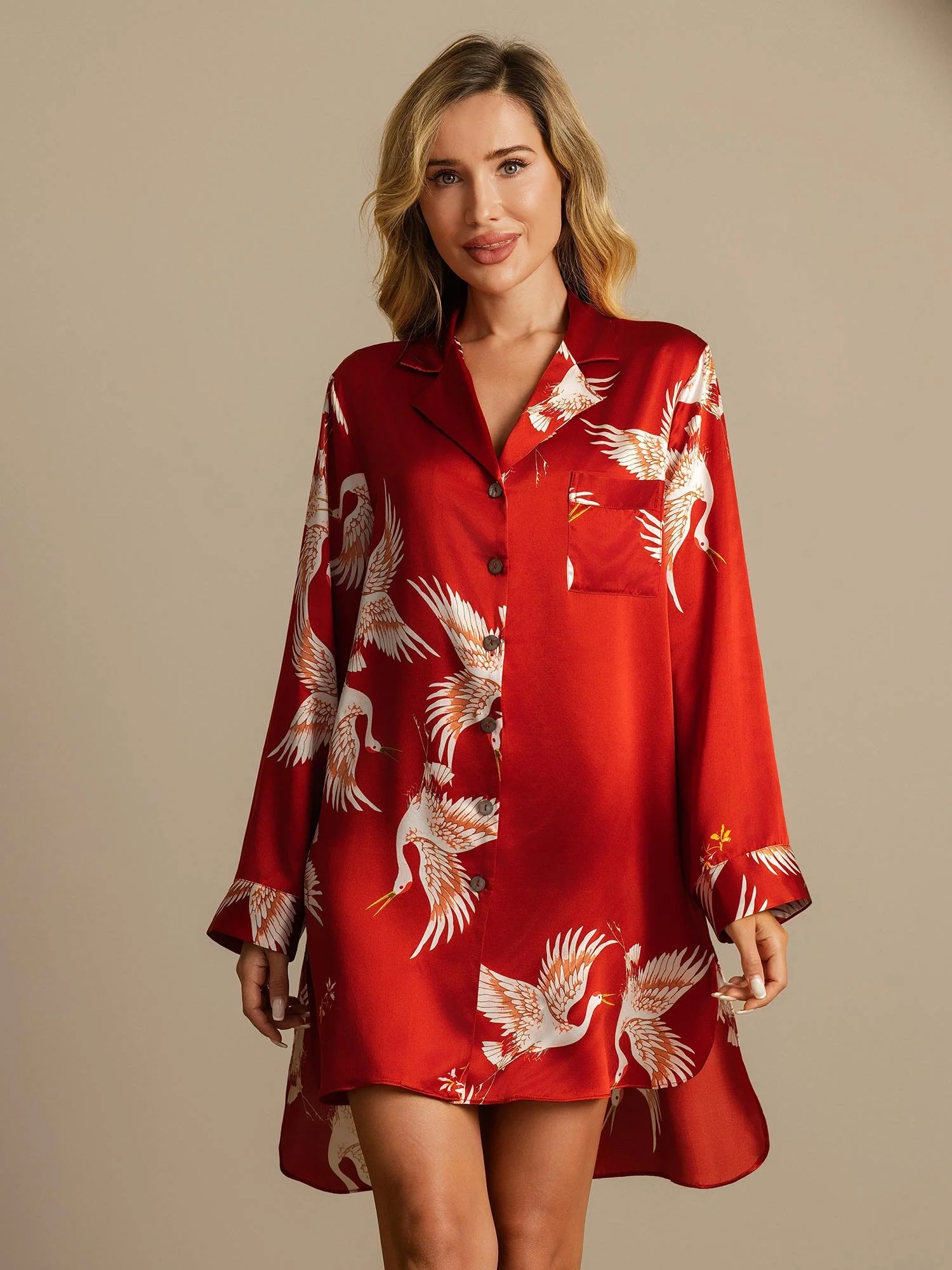 19Momme Pure Silk Crane Print Nightshirt with High-Low Hem - Image 11