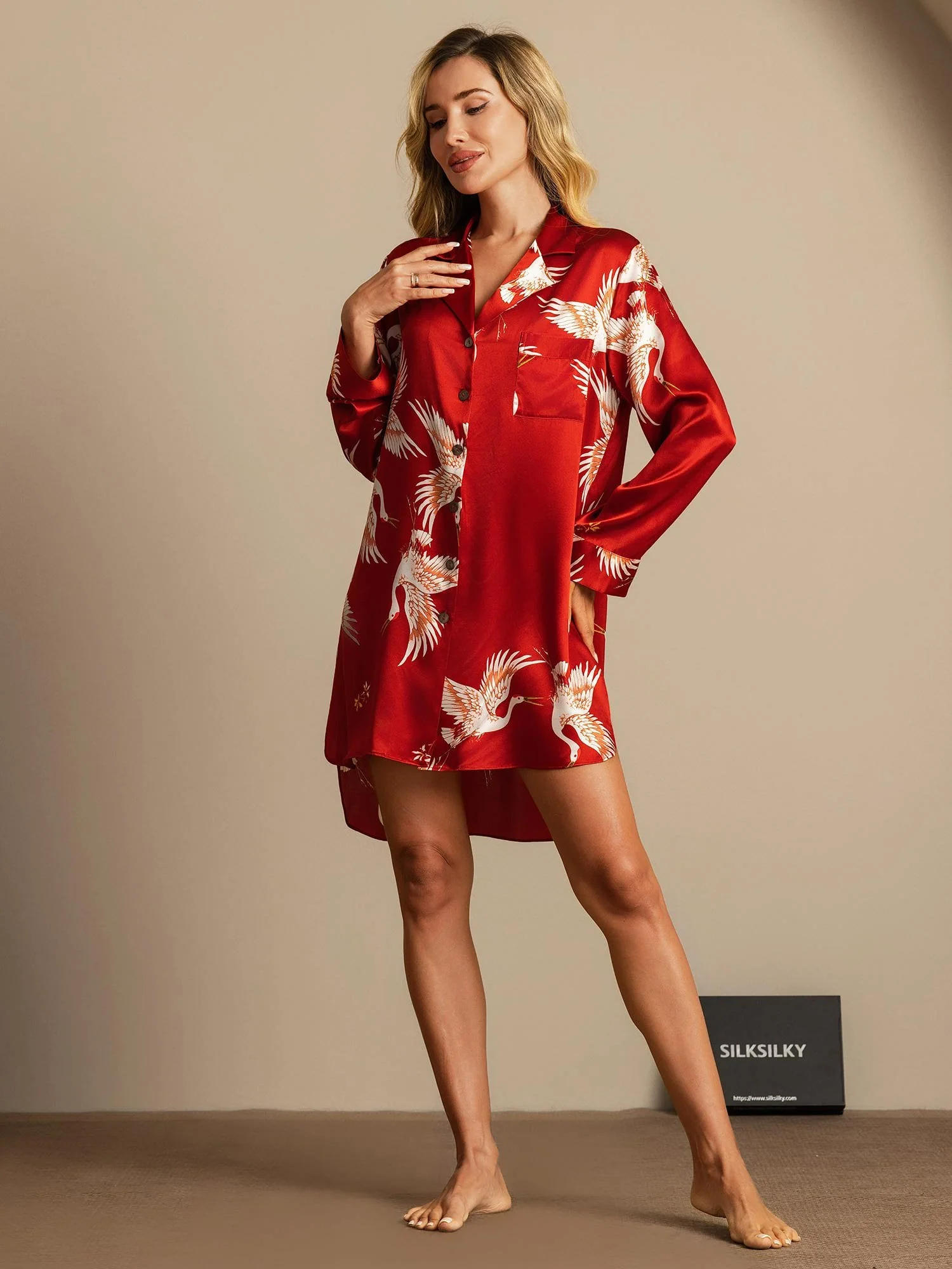 19Momme Pure Silk Crane Print Nightshirt with High-Low Hem - Image 14