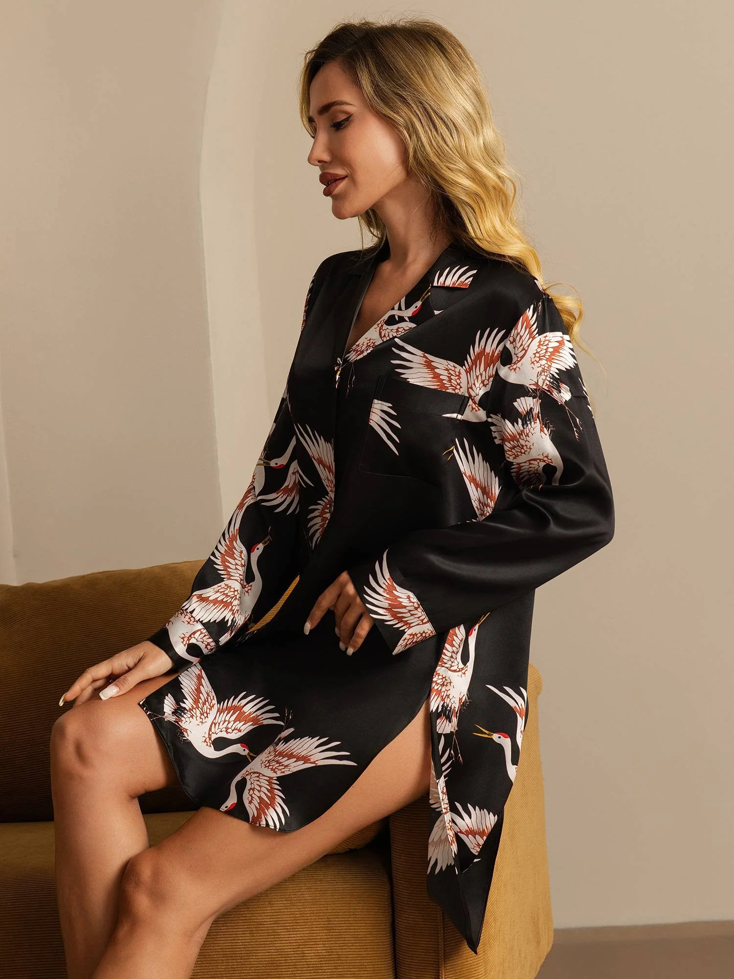 19Momme Pure Silk Crane Print Nightshirt with High-Low Hem - Image 23