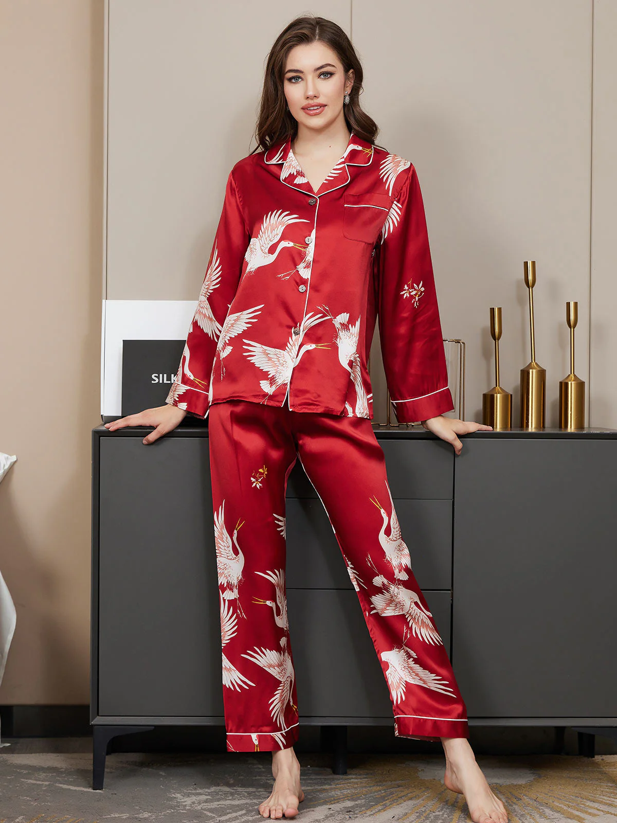 19Momme Women's Pure Silk Crane Print Long Sleeve Pyjamas Set - Image 13