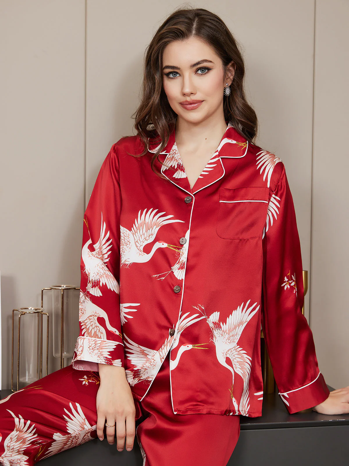 19Momme Women's Pure Silk Crane Print Long Sleeve Pyjamas Set - Image 15
