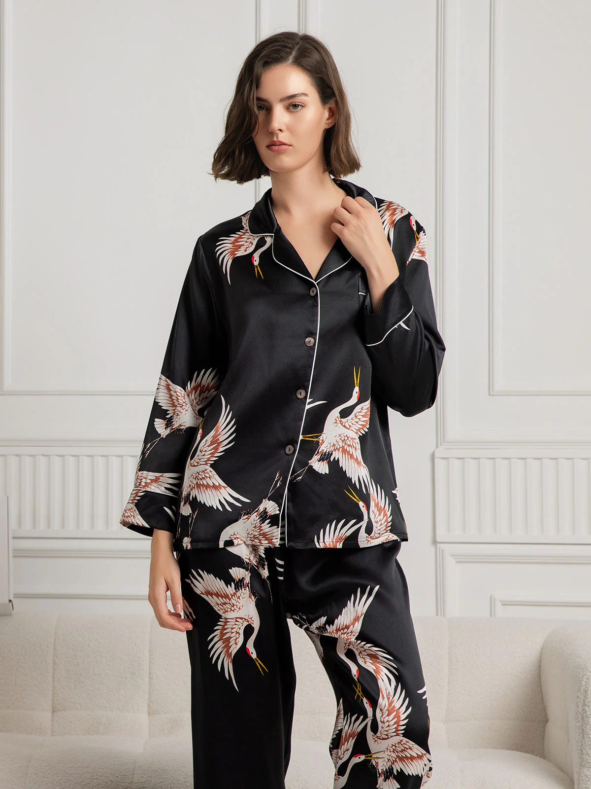 19Momme Women's Pure Silk Crane Print Long Sleeve Pyjamas Set - Image 21