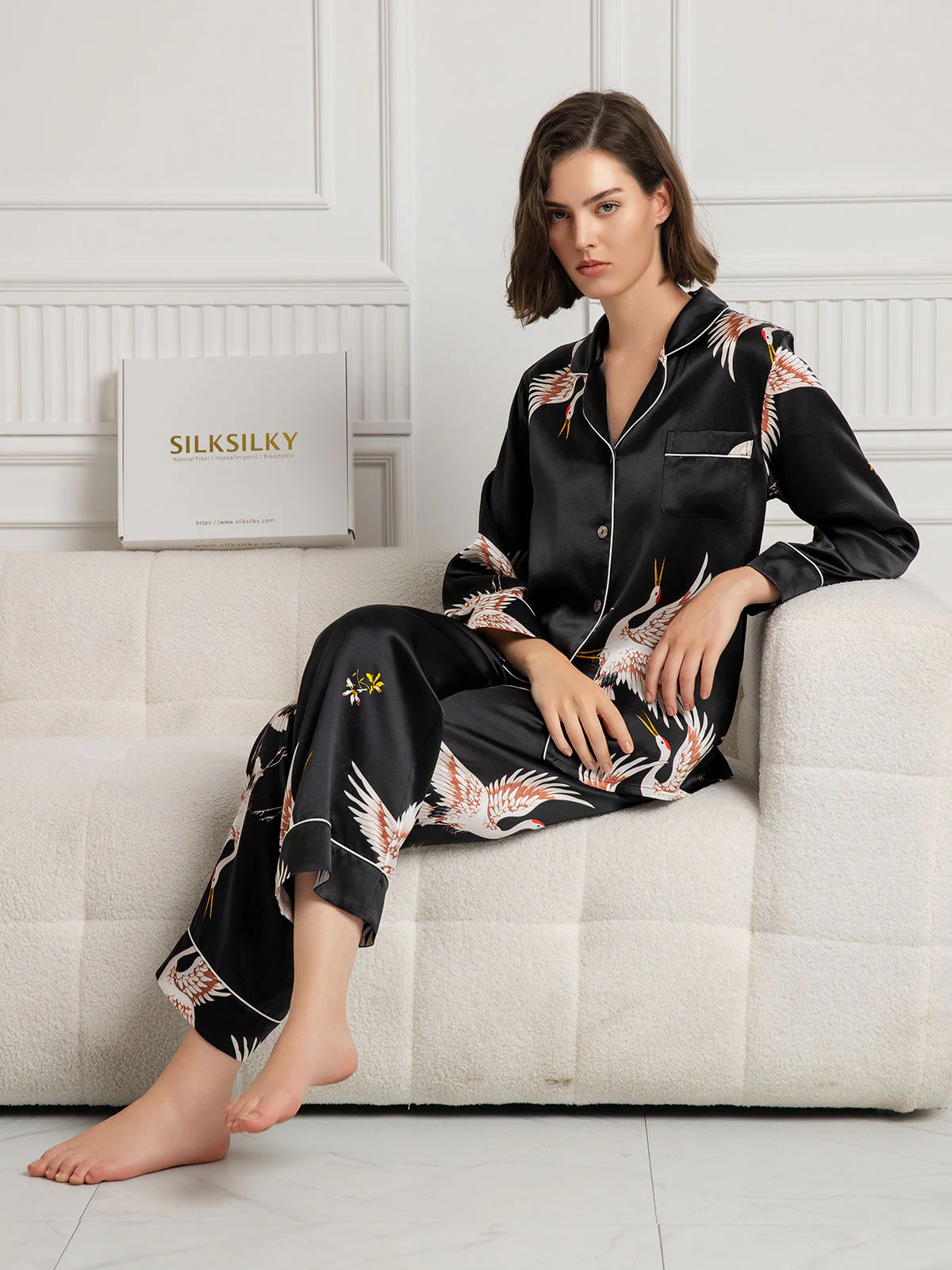 19Momme Women's Pure Silk Crane Print Long Sleeve Pyjamas Set - Image 23