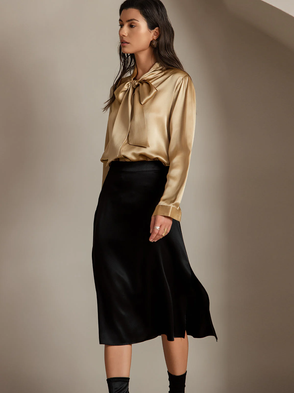 Clearance(Ships to UK Only) - 19Momme Silk A Line Long Slit Skirt with Zipper Design - Image 11