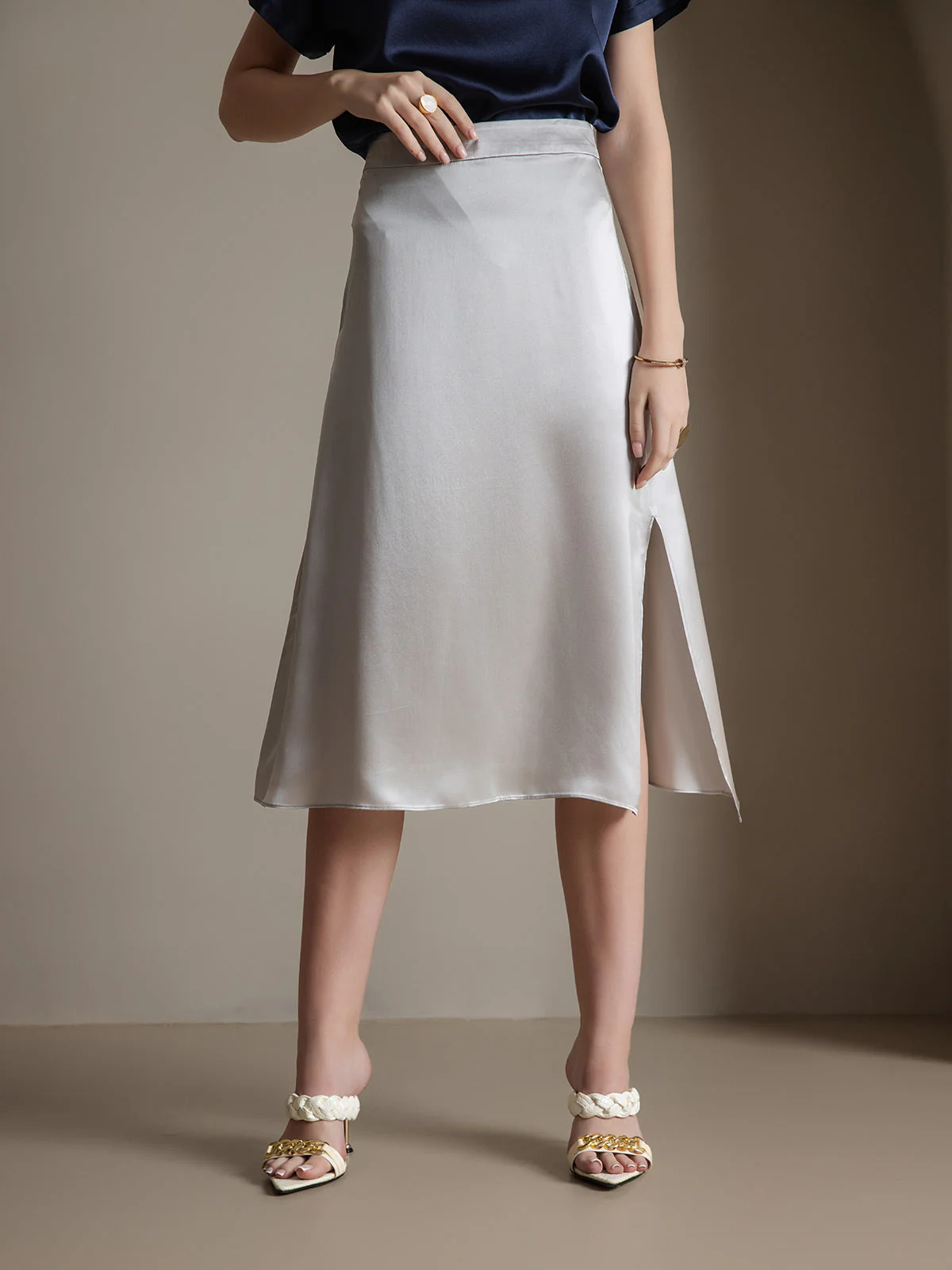 Clearance(Ships to UK Only) - 19Momme Silk A Line Long Slit Skirt with Zipper Design - Image 15