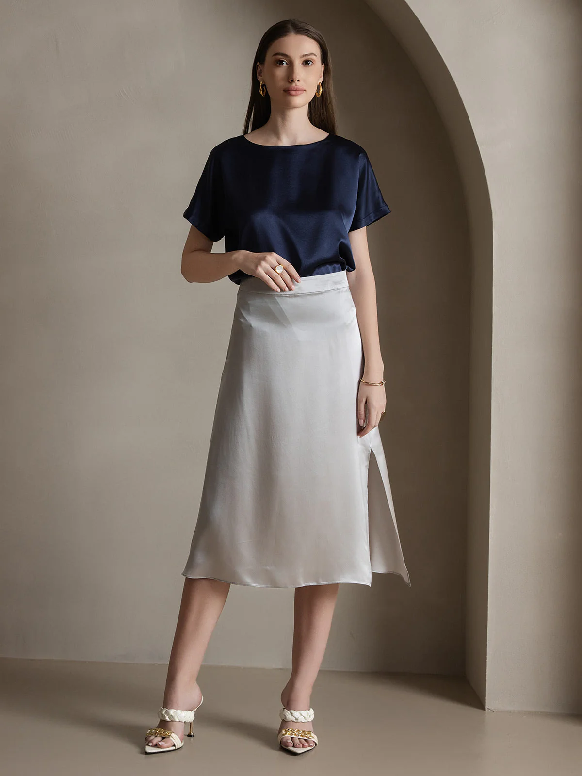 Clearance(Ships to UK Only) - 19Momme Silk A Line Long Slit Skirt with Zipper Design - Image 16