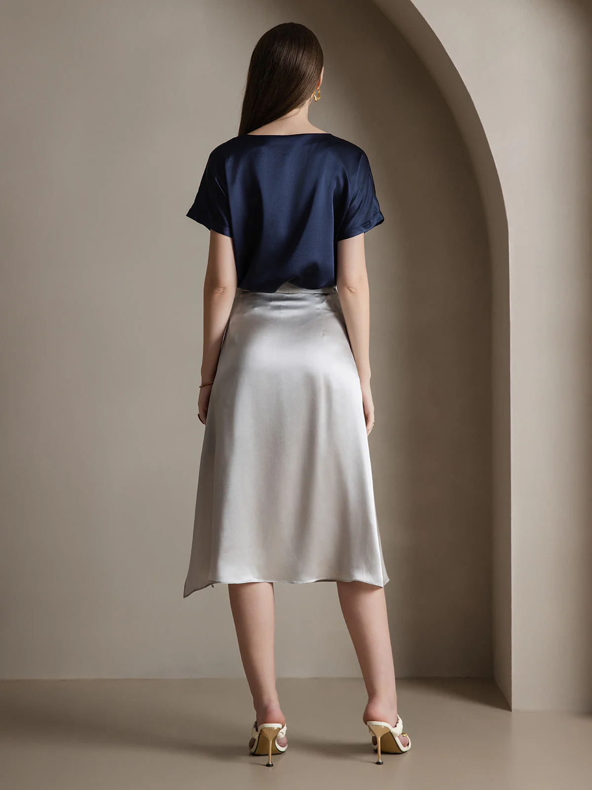 Clearance(Ships to UK Only) - 19Momme Silk A Line Long Slit Skirt with Zipper Design - Image 17