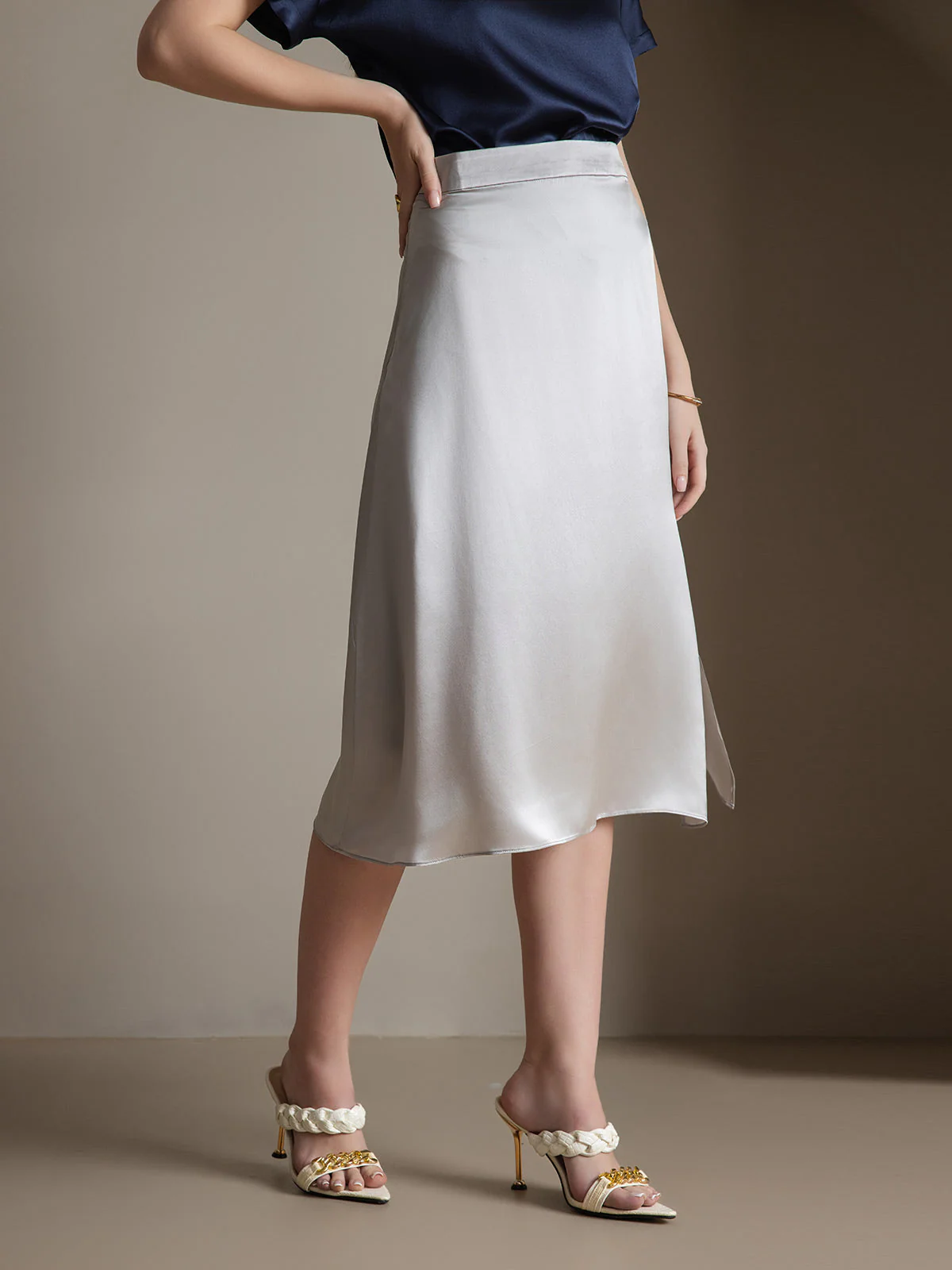 Clearance(Ships to UK Only) - 19Momme Silk A Line Long Slit Skirt with Zipper Design - Image 18