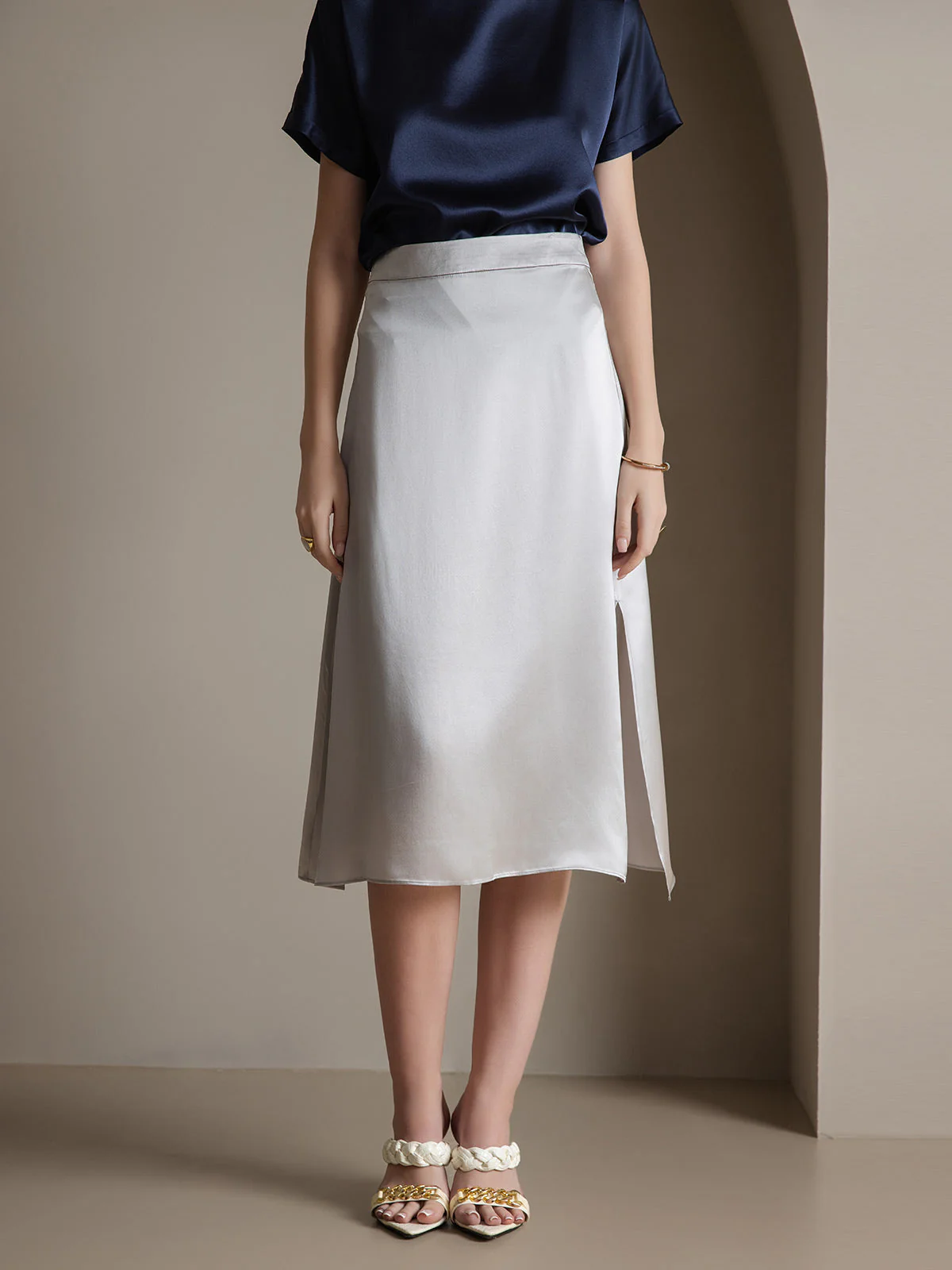Clearance(Ships to UK Only) - 19Momme Silk A Line Long Slit Skirt with Zipper Design - Image 19
