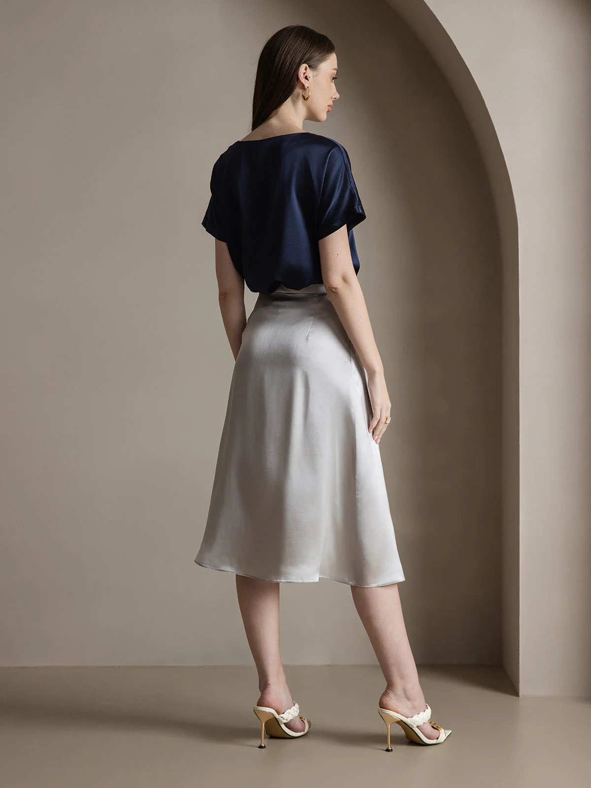Clearance(Ships to UK Only) - 19Momme Silk A Line Long Slit Skirt with Zipper Design - Image 20