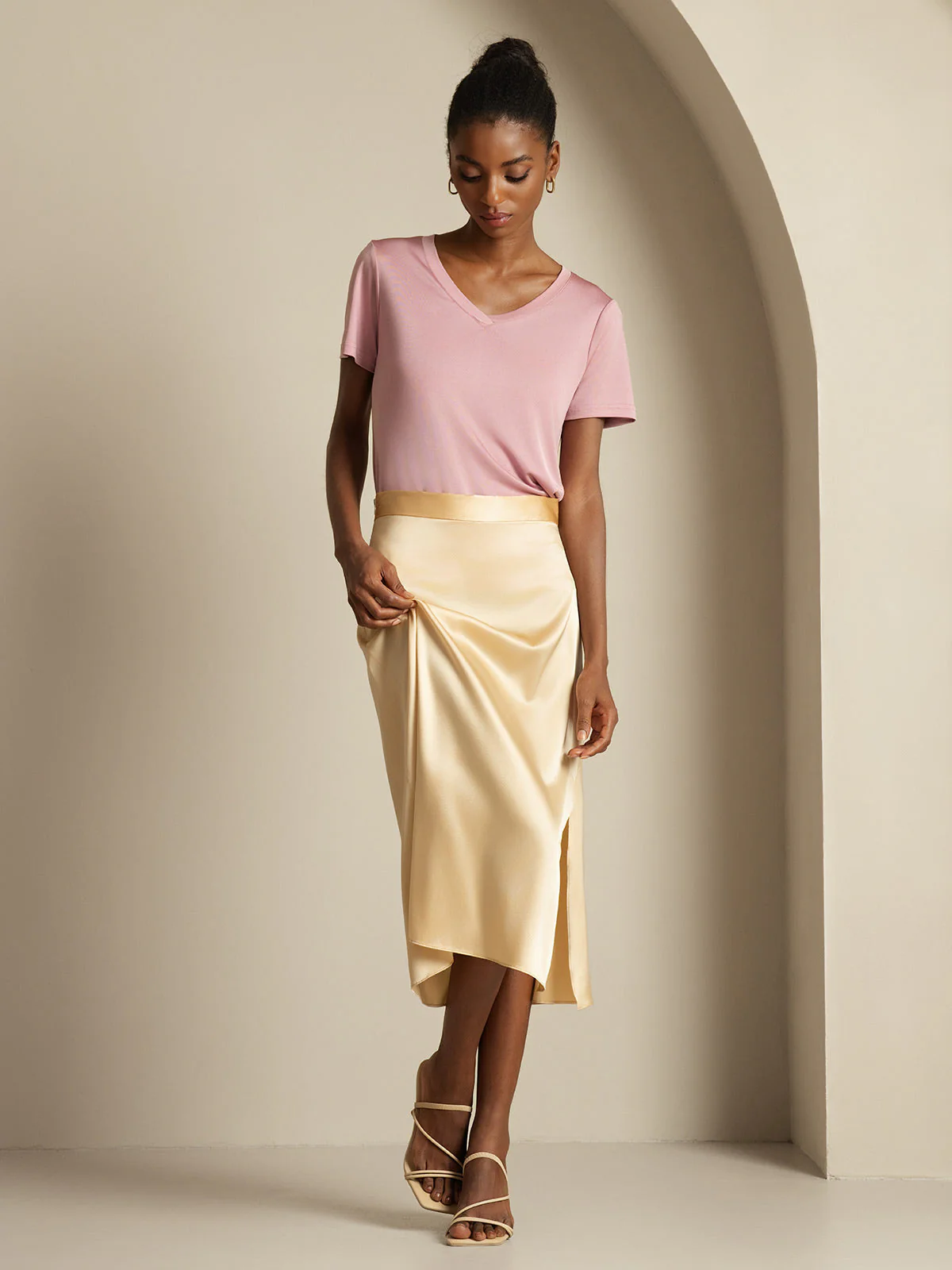 Clearance(Ships to UK Only) - 19Momme Silk A Line Long Slit Skirt with Zipper Design - Image 5