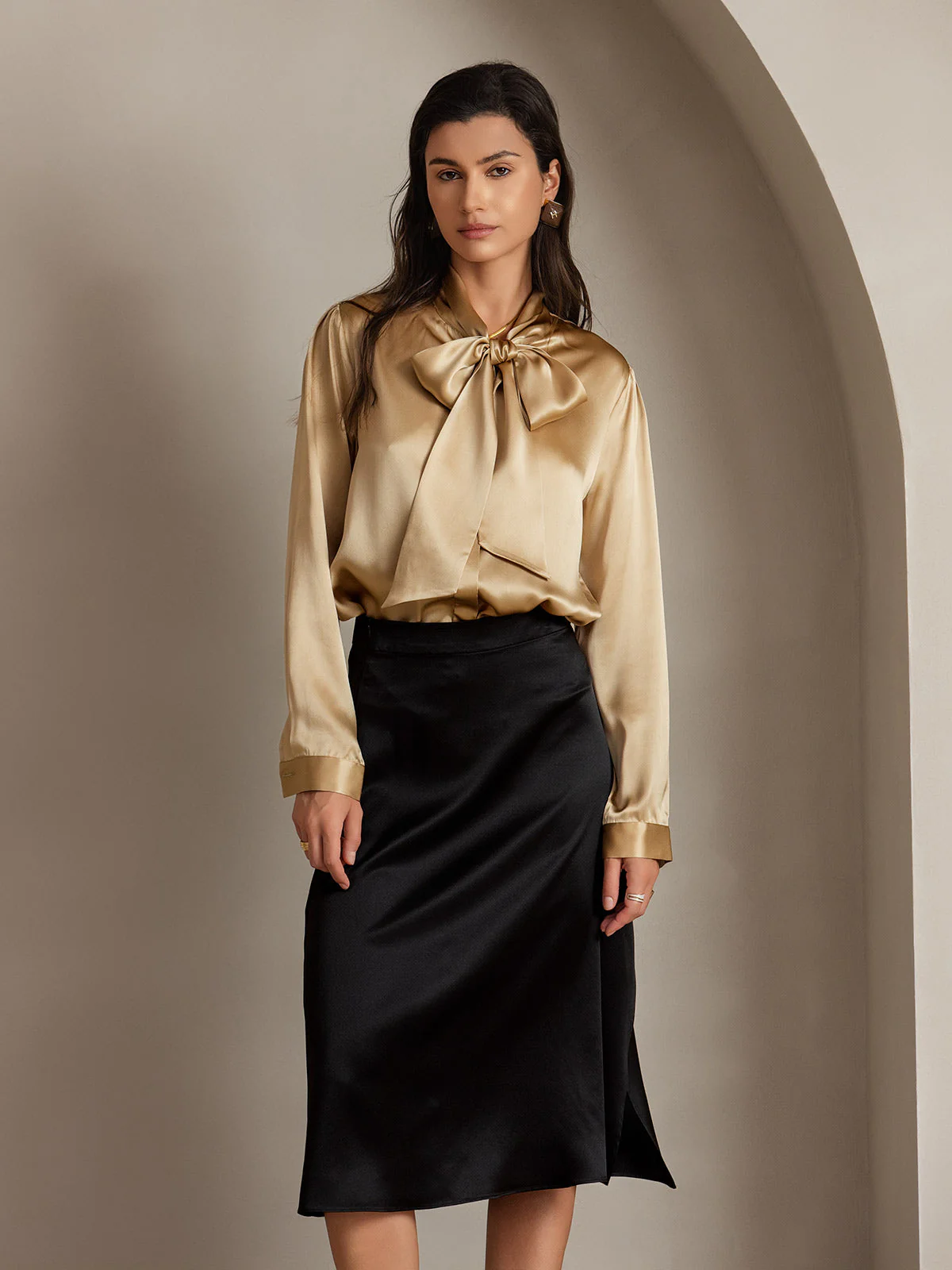 Clearance(Ships to UK Only) - 19Momme Silk A Line Long Slit Skirt with Zipper Design - Image 8