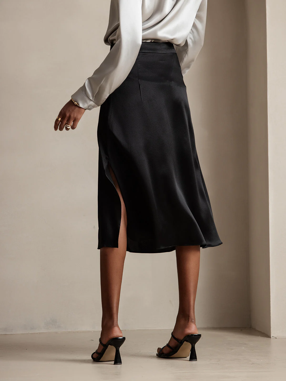 Clearance(Ships to UK Only) - 19Momme Silk A Line Long Slit Skirt with Zipper Design - Image 9