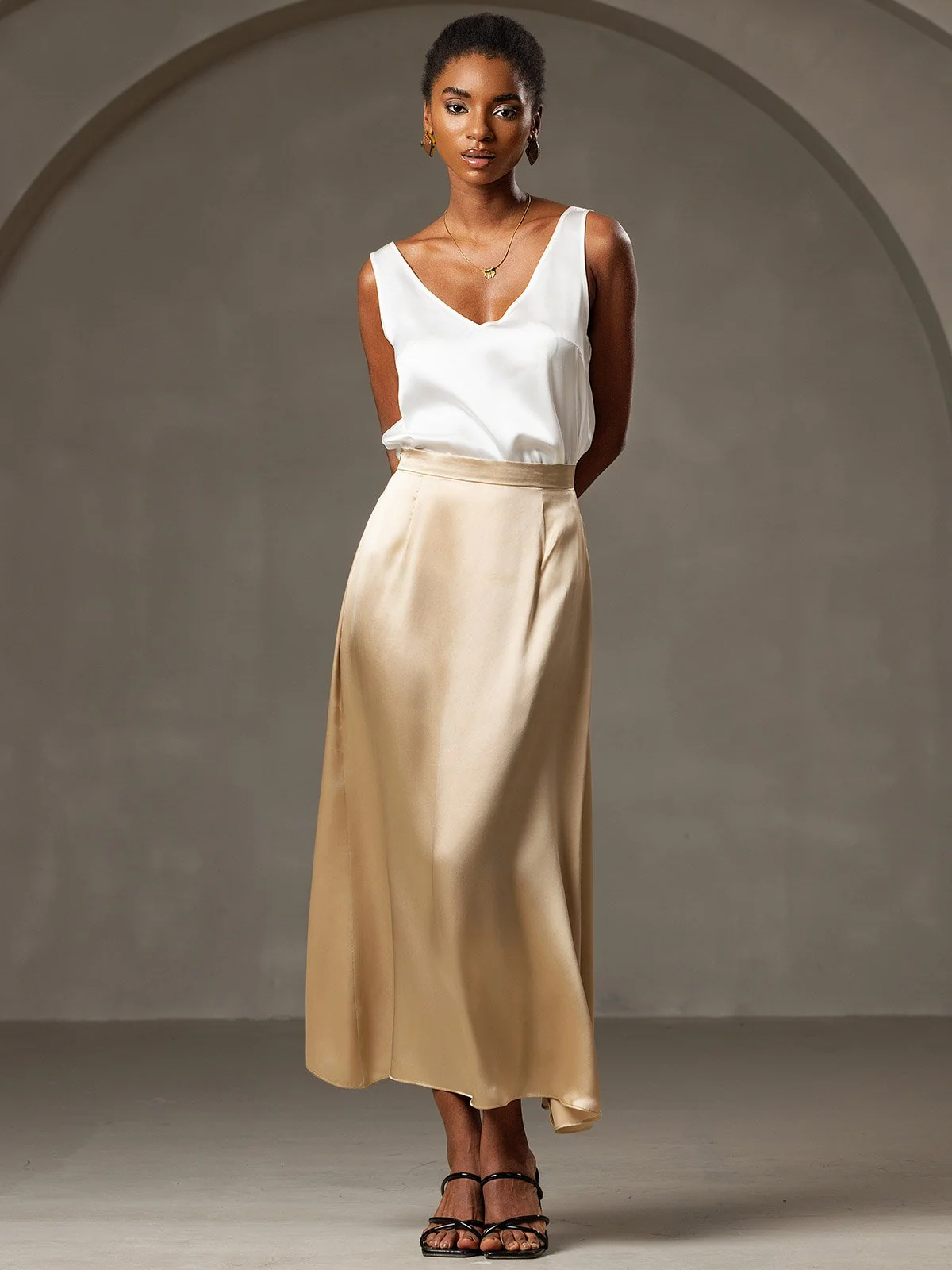 19Momme Silk A Line Maxi Skirt with Zipper Design - Image 34