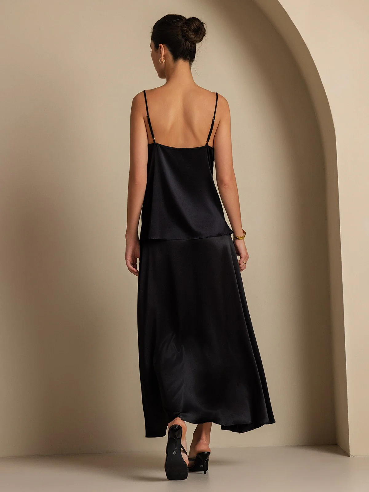 19Momme Silk Cowl Neck Spaghetti Strap Camisole Top & A Line Maxi Skirt - Image 10