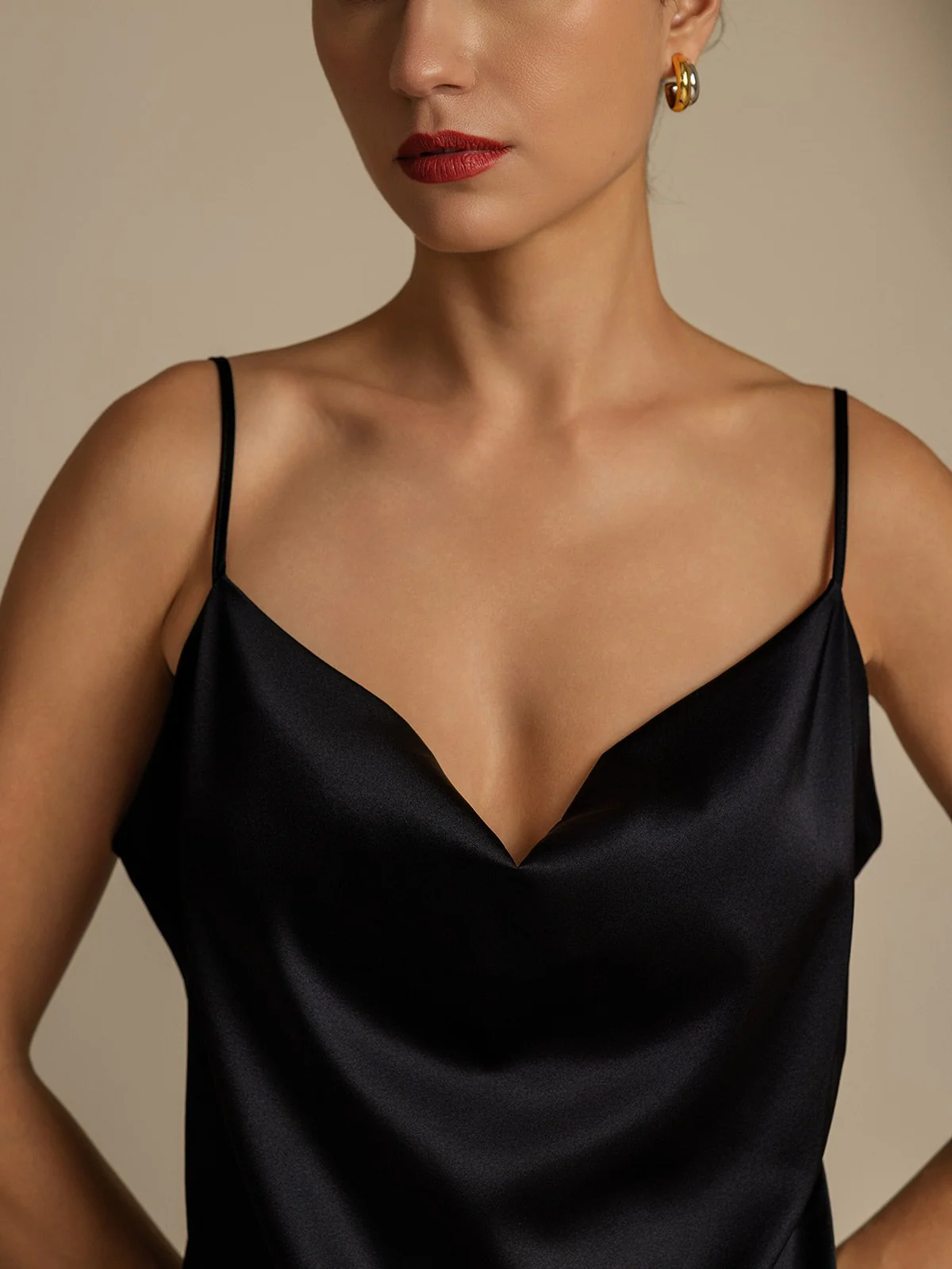19Momme Silk Cowl Neck Spaghetti Strap Camisole Top & A Line Maxi Skirt - Image 12