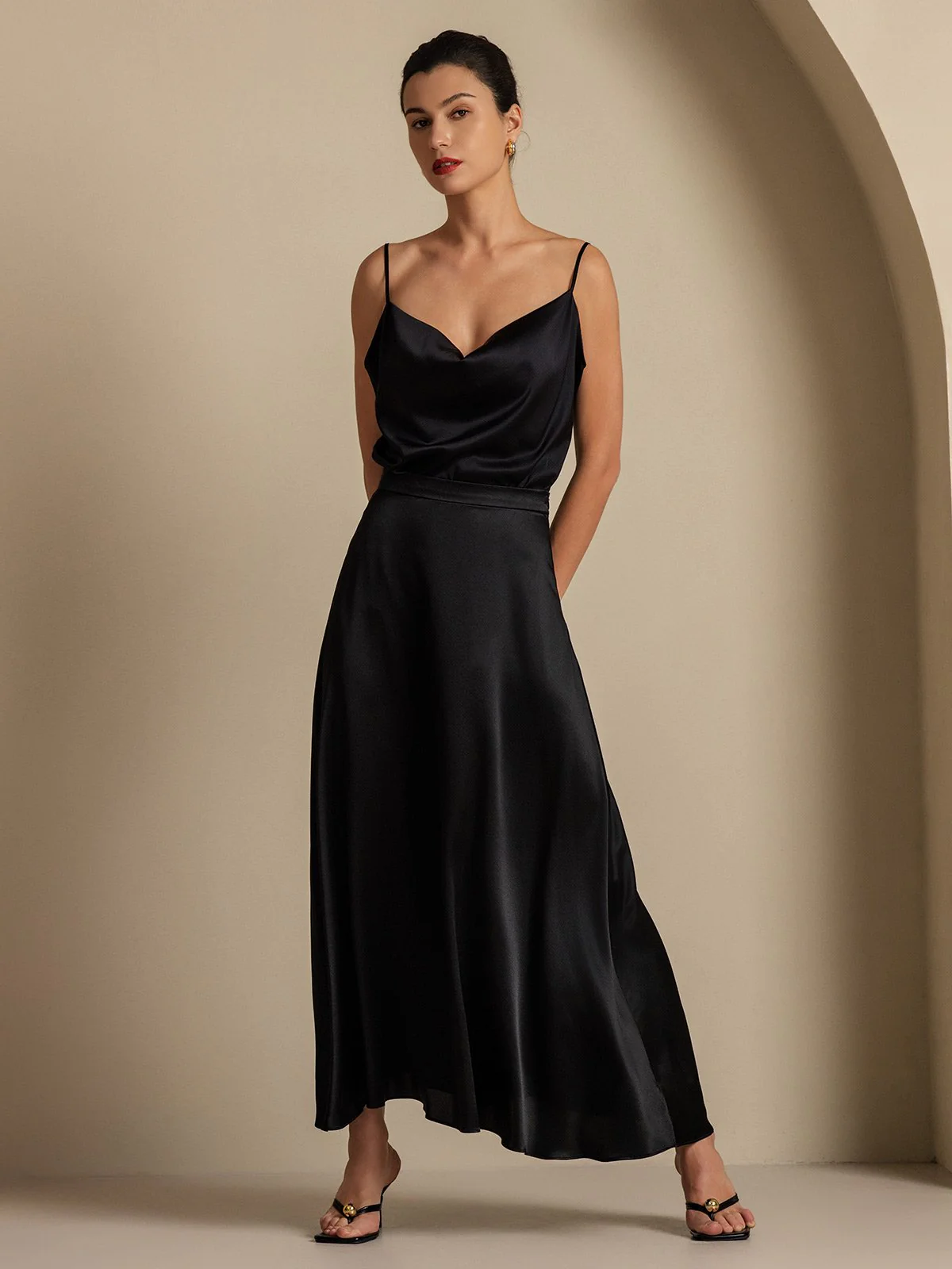 19Momme Silk Cowl Neck Spaghetti Strap Camisole Top & A Line Maxi Skirt - Image 16