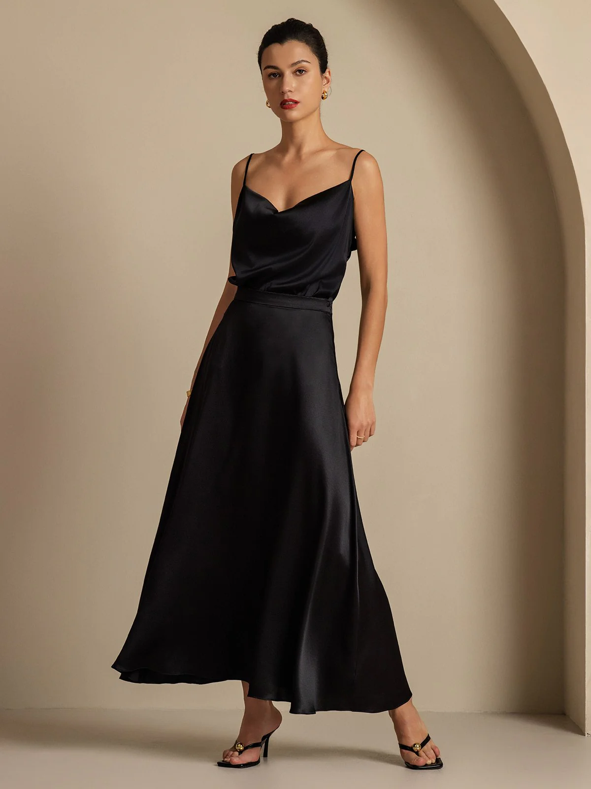 19Momme Silk Cowl Neck Spaghetti Strap Camisole Top & A Line Maxi Skirt - Image 17