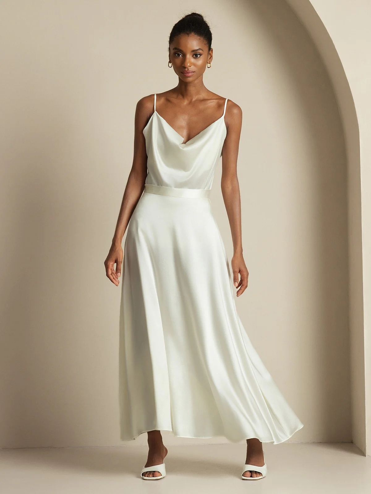 19Momme Silk Cowl Neck Spaghetti Strap Camisole Top & A Line Maxi Skirt - Image 18