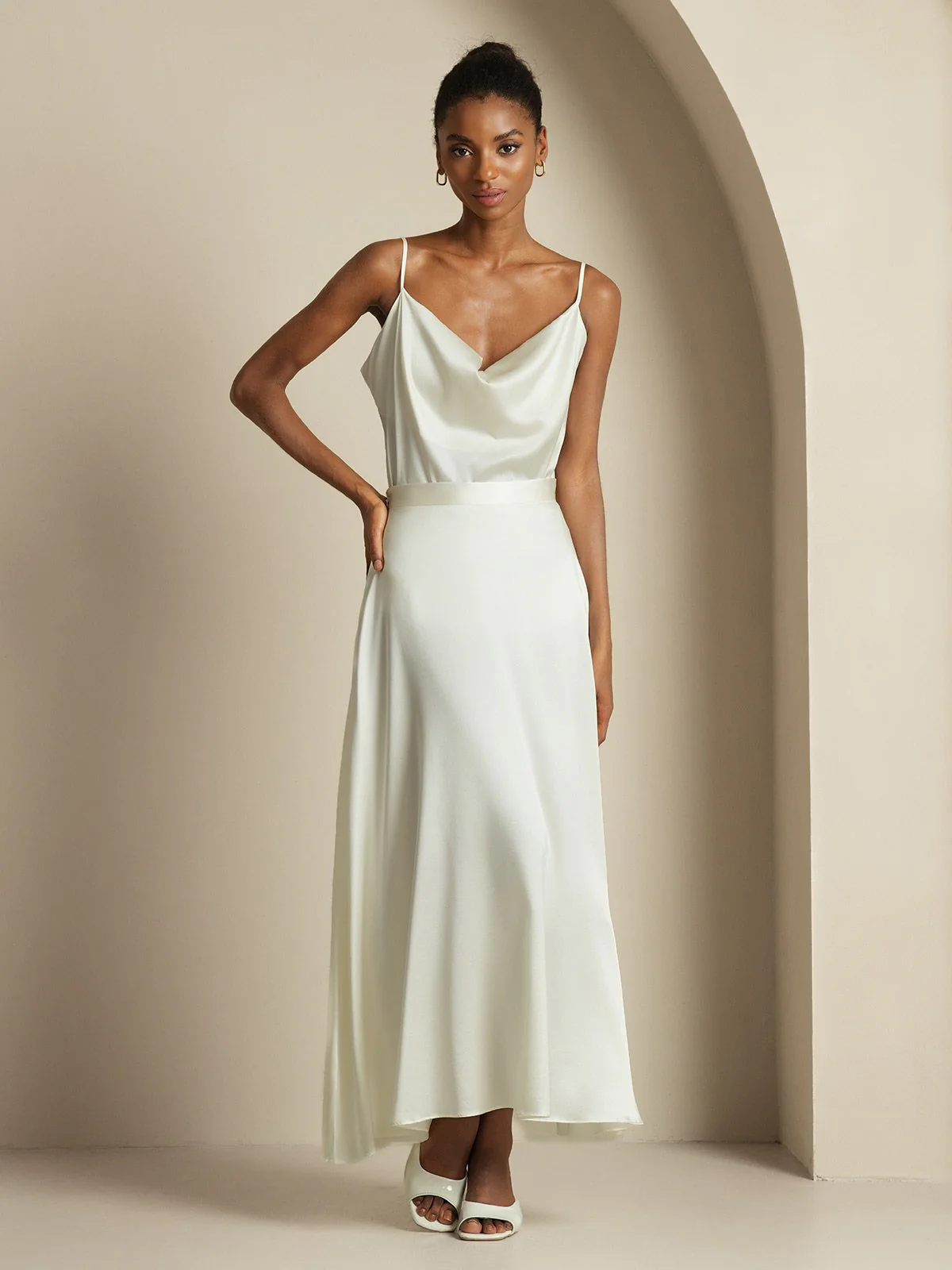 19Momme Silk Cowl Neck Spaghetti Strap Camisole Top & A Line Maxi Skirt - Image 20