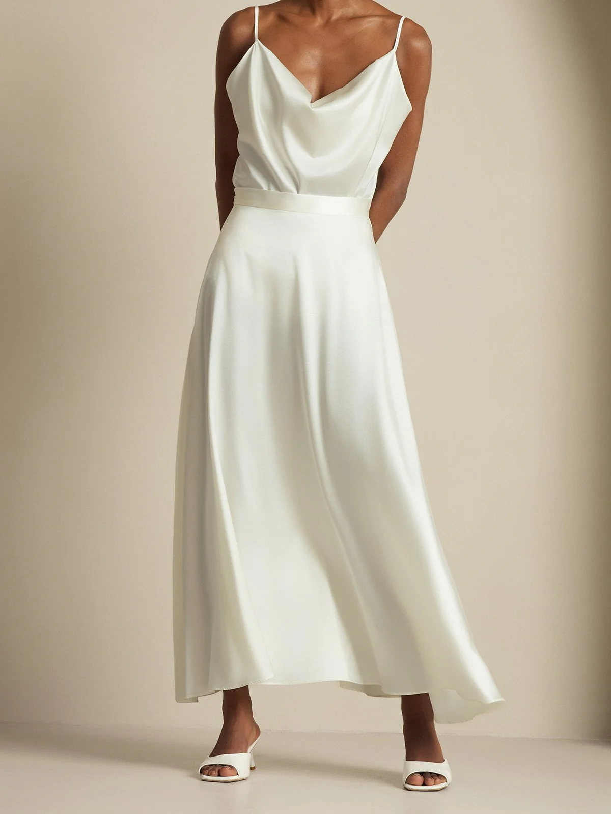 19Momme Silk Cowl Neck Spaghetti Strap Camisole Top & A Line Maxi Skirt - Image 23