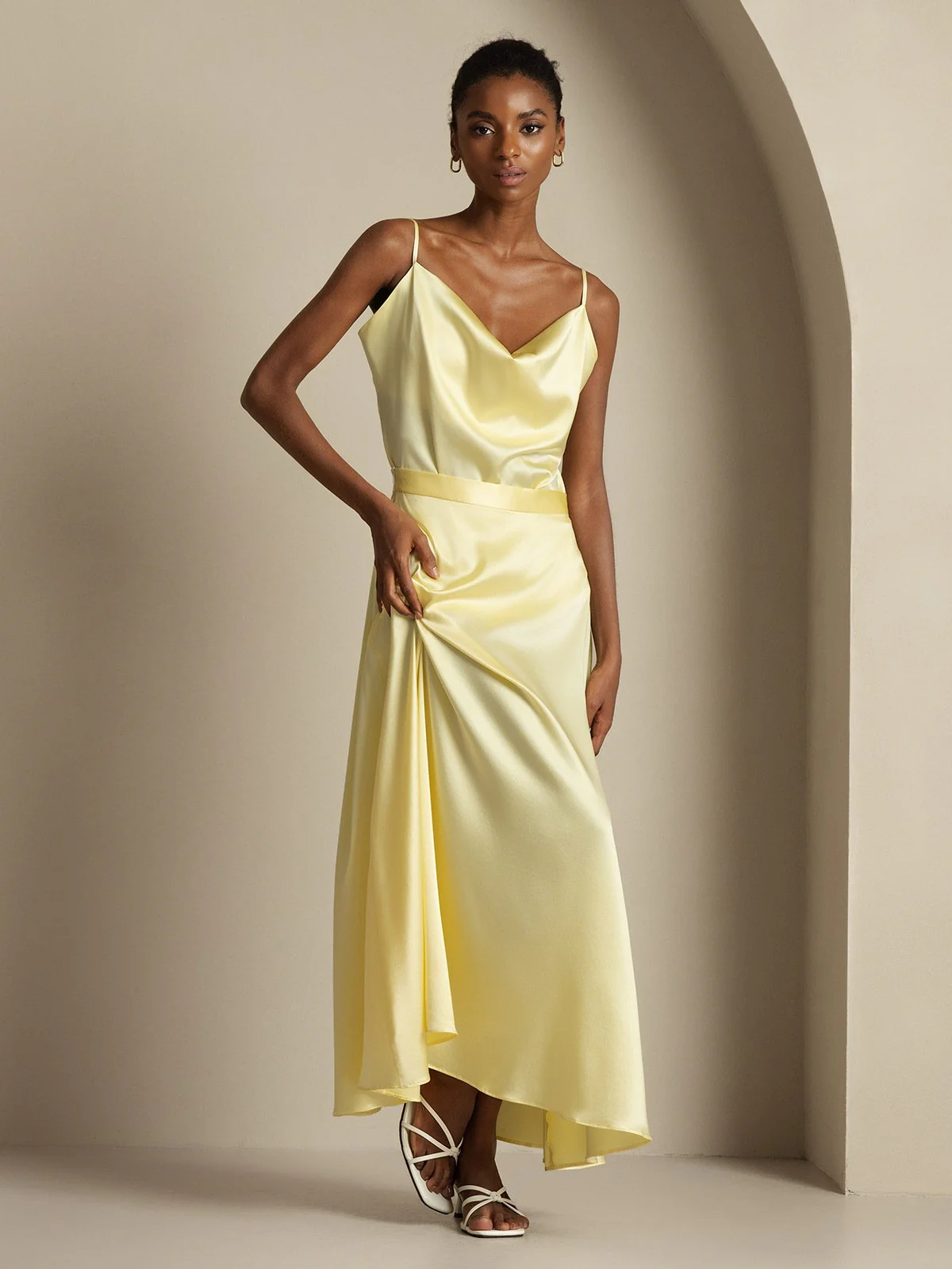 19Momme Silk Cowl Neck Spaghetti Strap Camisole Top & A Line Maxi Skirt - Image 28