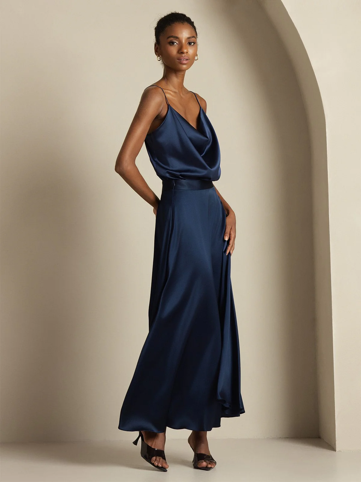 19Momme Silk Cowl Neck Spaghetti Strap Camisole Top & A Line Maxi Skirt - Image 5