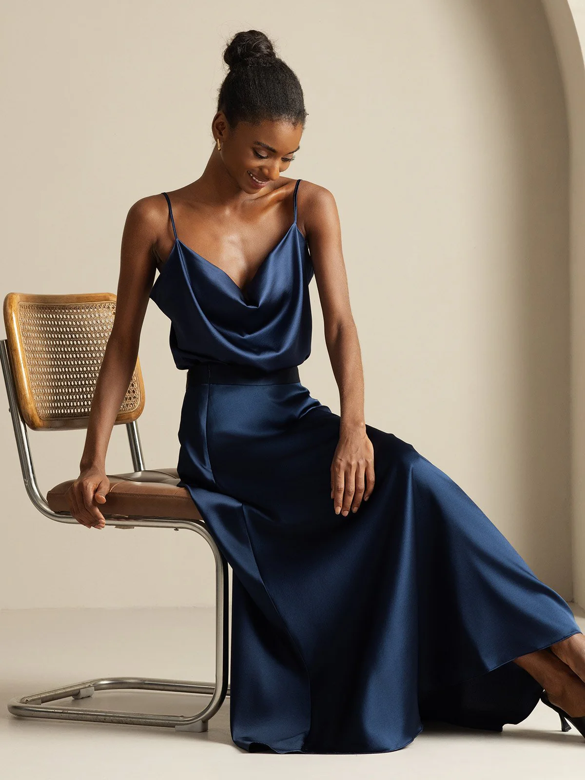 19Momme Silk Cowl Neck Spaghetti Strap Camisole Top & A Line Maxi Skirt - Image 8
