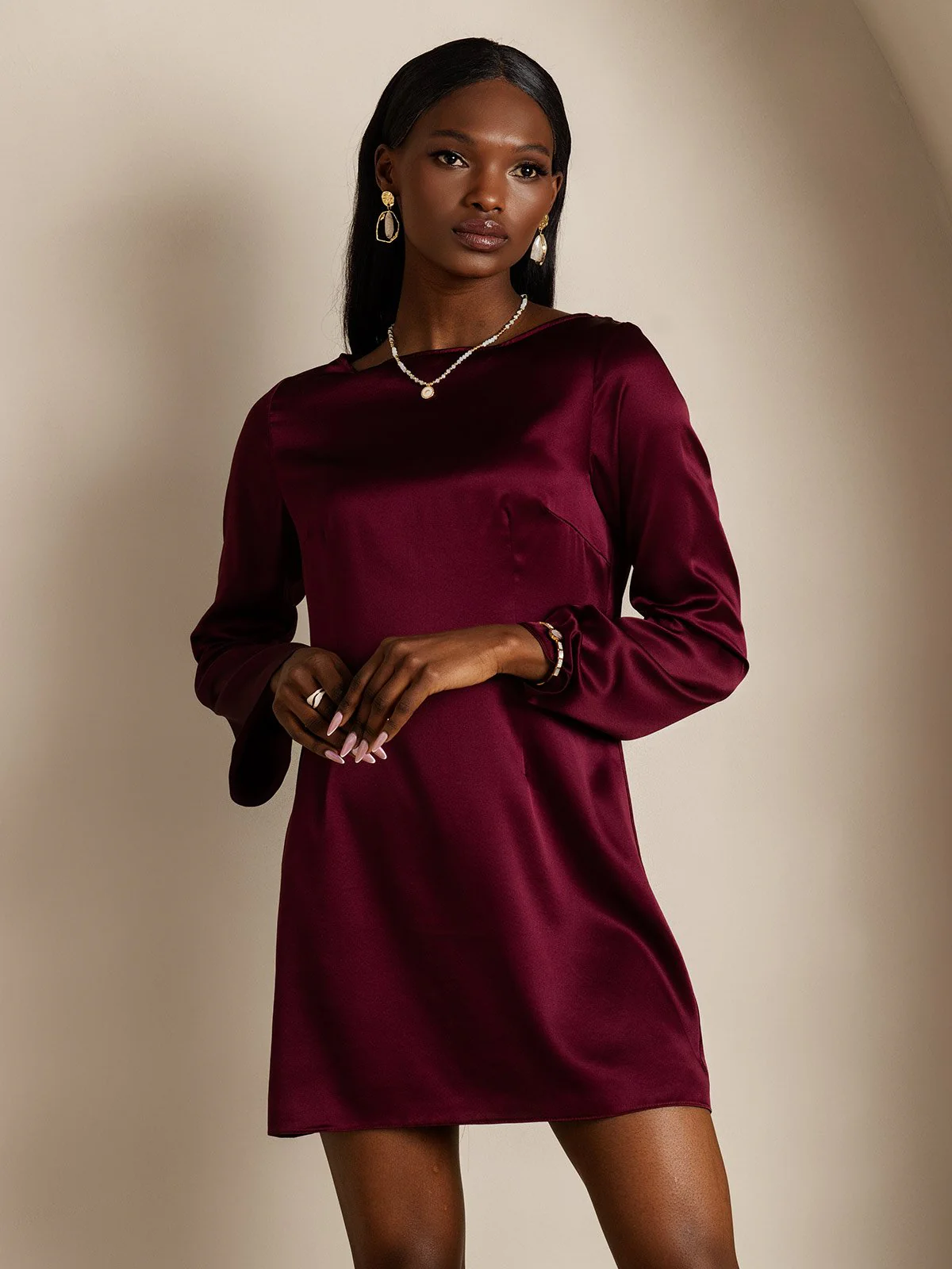 19Momme Silk Long Sleeve Boat Neck Short Dress - Image 11