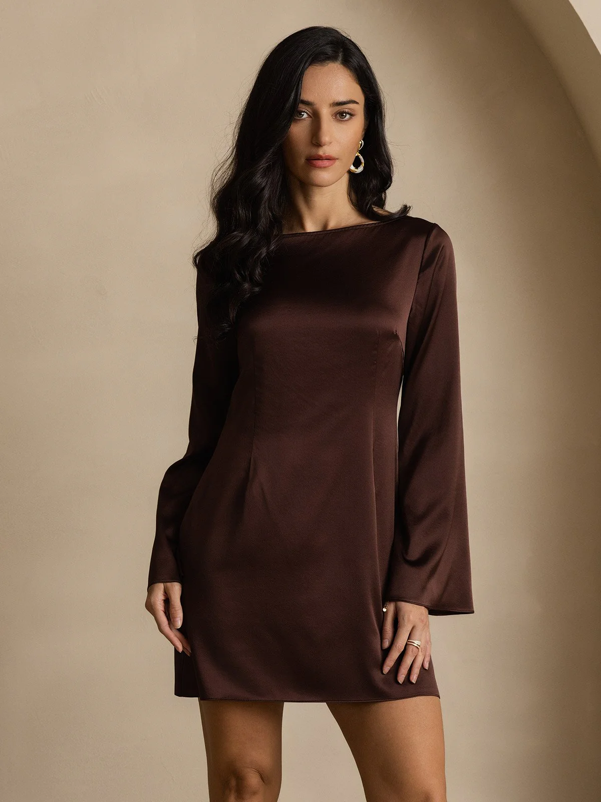 19Momme Silk Long Sleeve Boat Neck Short Dress - Image 3