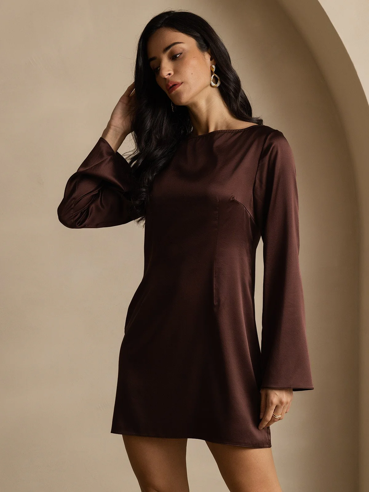 19Momme Silk Long Sleeve Boat Neck Short Dress - Image 6