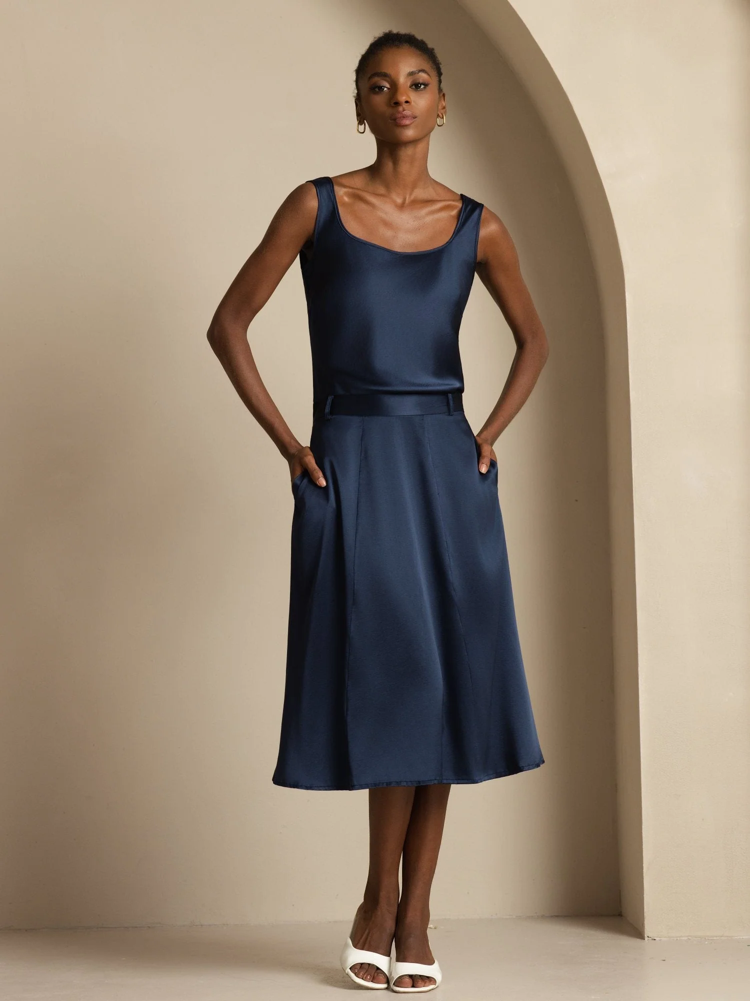 19Momme Silk High-Waist A-Line Midi Skirt with Pockets