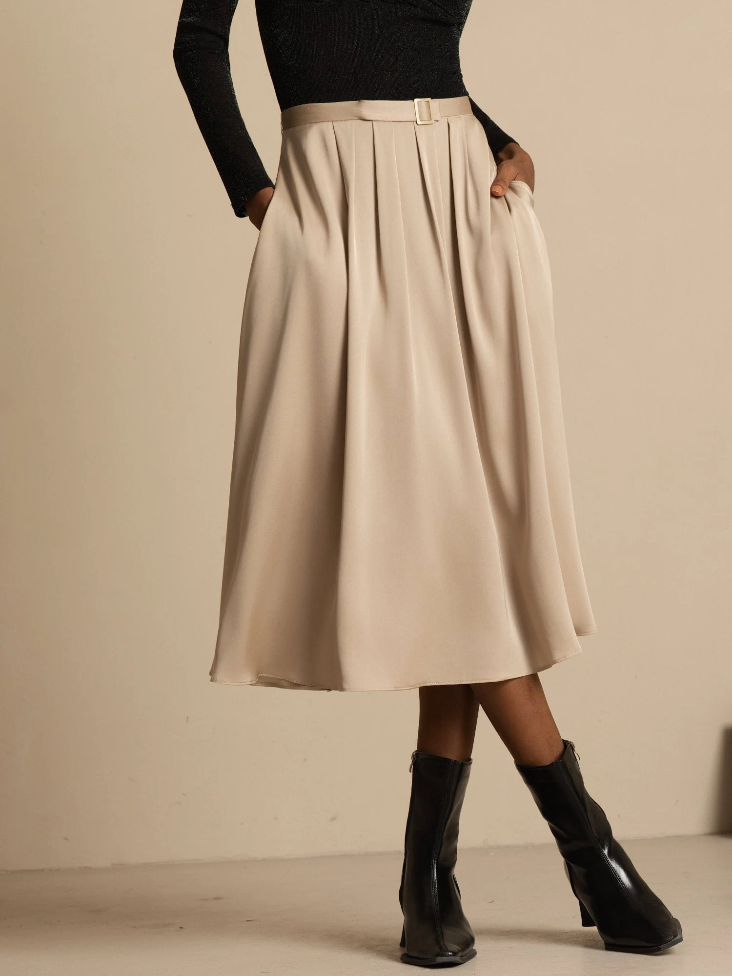 19Momme Silk High Waist A-Line Pleated Midi Skirt with Pockets