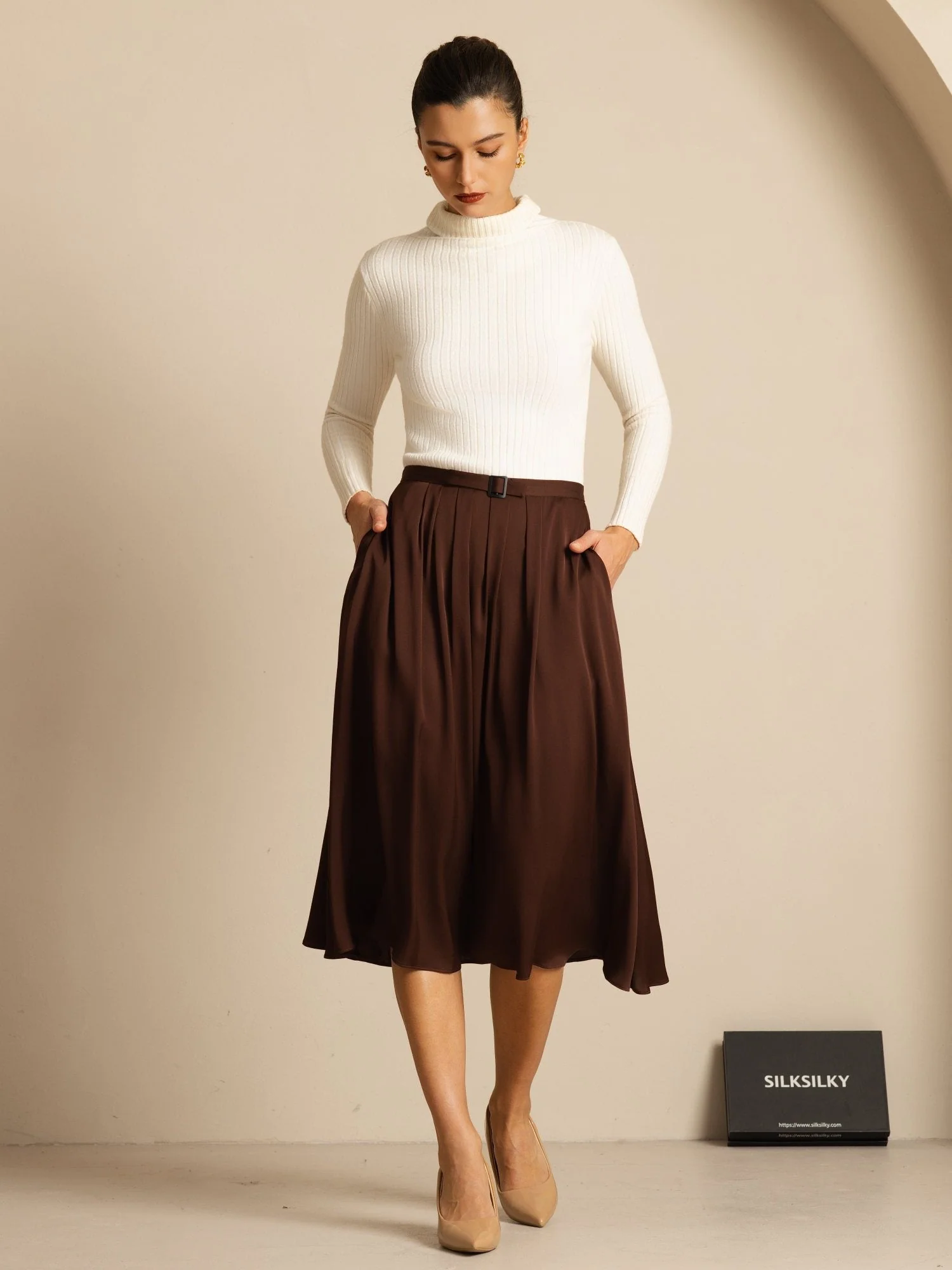 19Momme Silk High Waist A-Line Pleated Midi Skirt with Pockets - Image 16