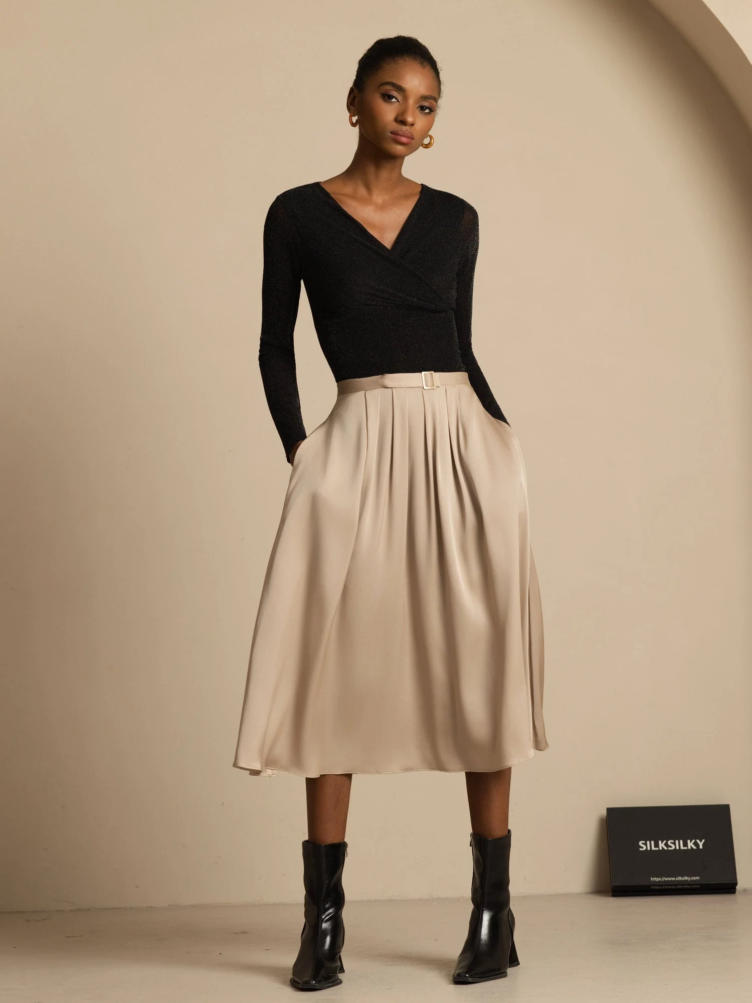 19Momme Silk High Waist A-Line Pleated Midi Skirt with Pockets - Image 5