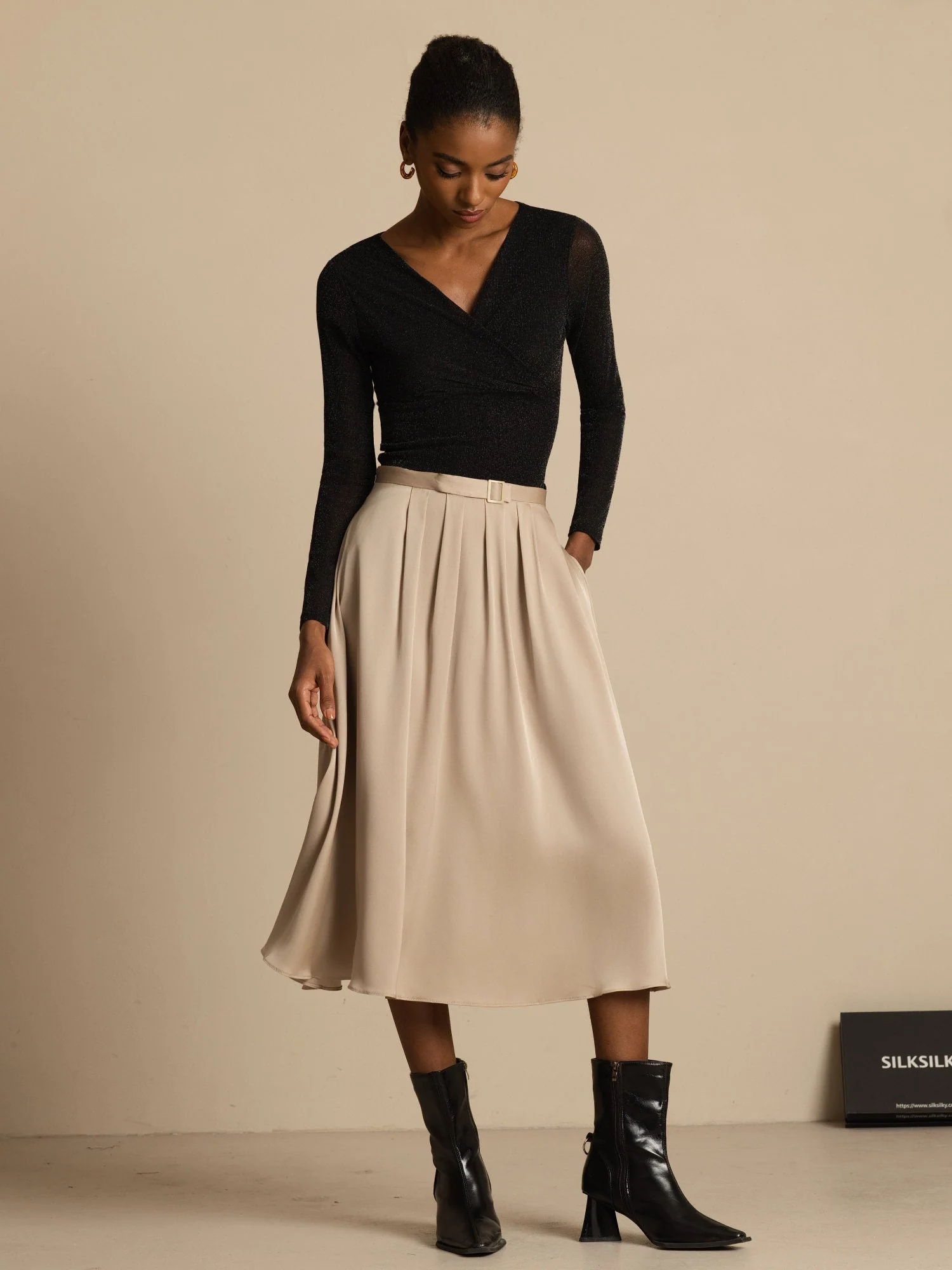 19Momme Silk High Waist A-Line Pleated Midi Skirt with Pockets - Image 6