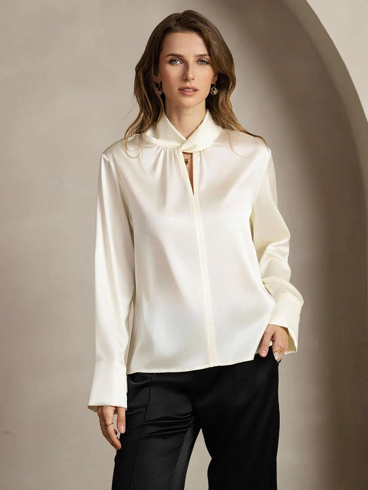 19Momme Silk Keyhole Neck Blouse with Pearl Buttons - Image 14