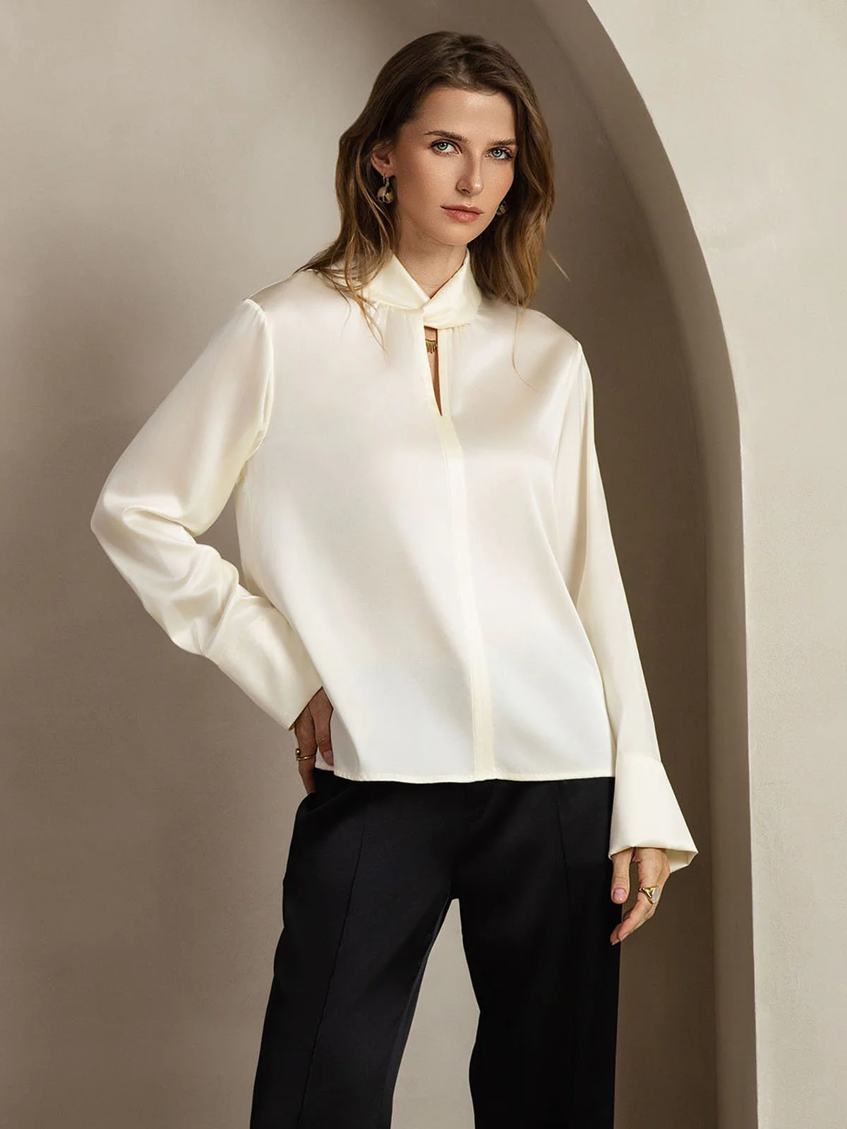 19Momme Silk Keyhole Neck Blouse with Pearl Buttons - Image 21