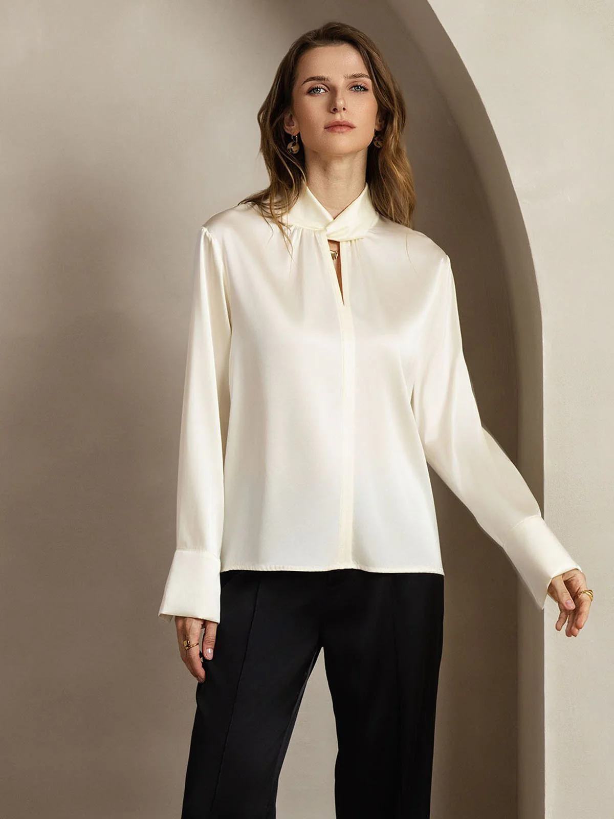19Momme Silk Keyhole Neck Blouse with Pearl Buttons - Image 22